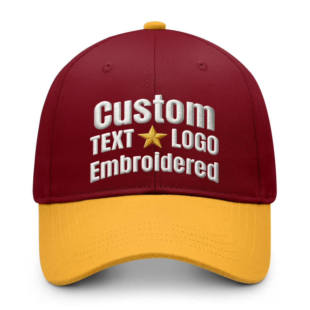 Custom embroidered or printed burgundy &amp; gold color block baseball cap by Vosoli | Personalized text &amp; logo | Structured fit