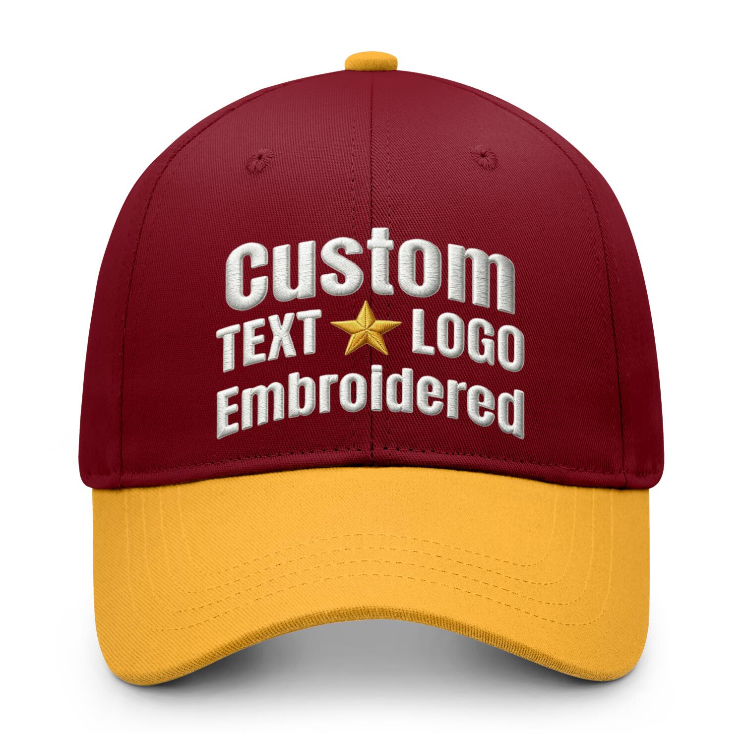 Custom embroidered or printed burgundy & gold color block baseball cap by Vosoli | Personalized text & logo | Structured fit