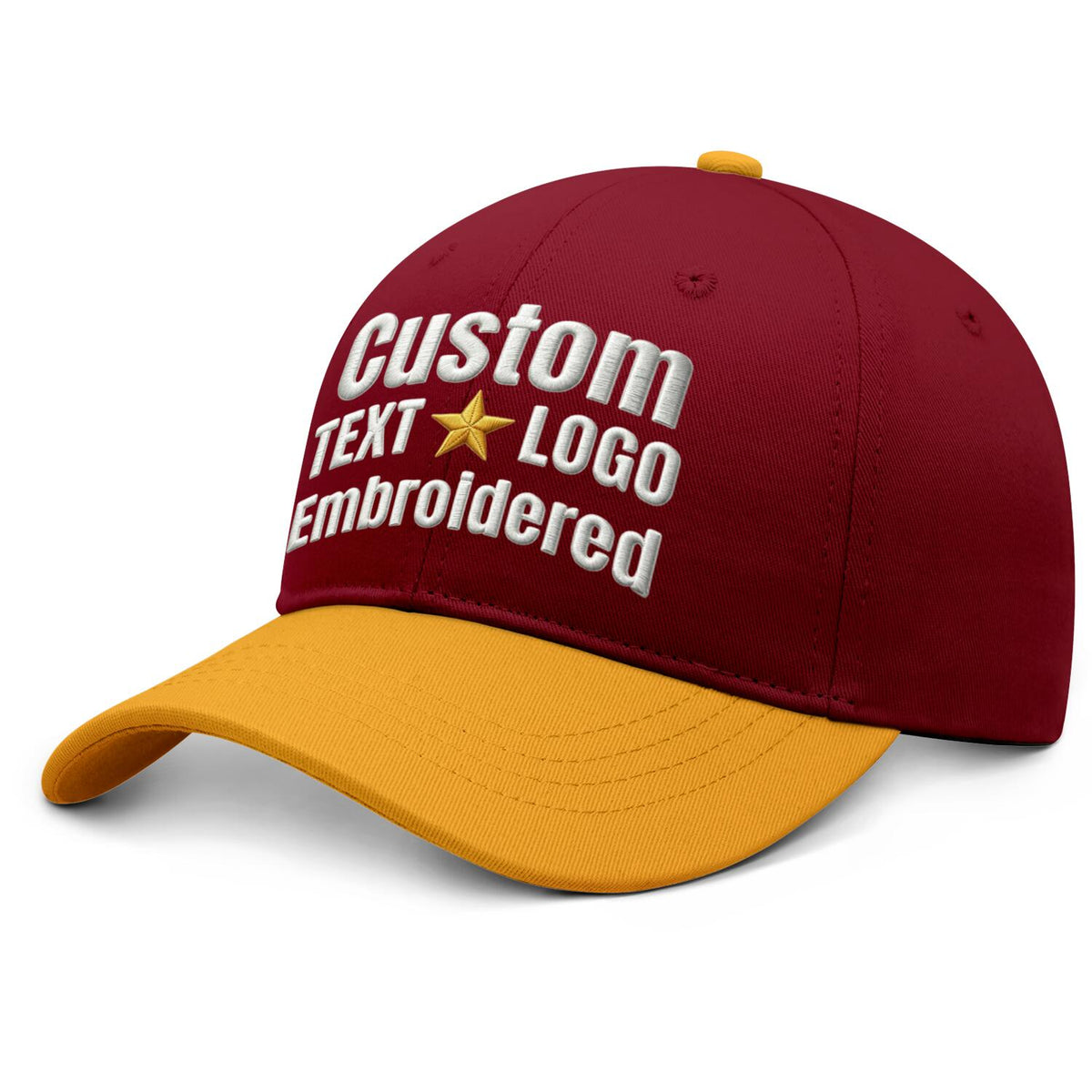 Custom Embroidered or Printed Burgundy & Gold Color Block Baseball Cap | Personalized Sport Hat