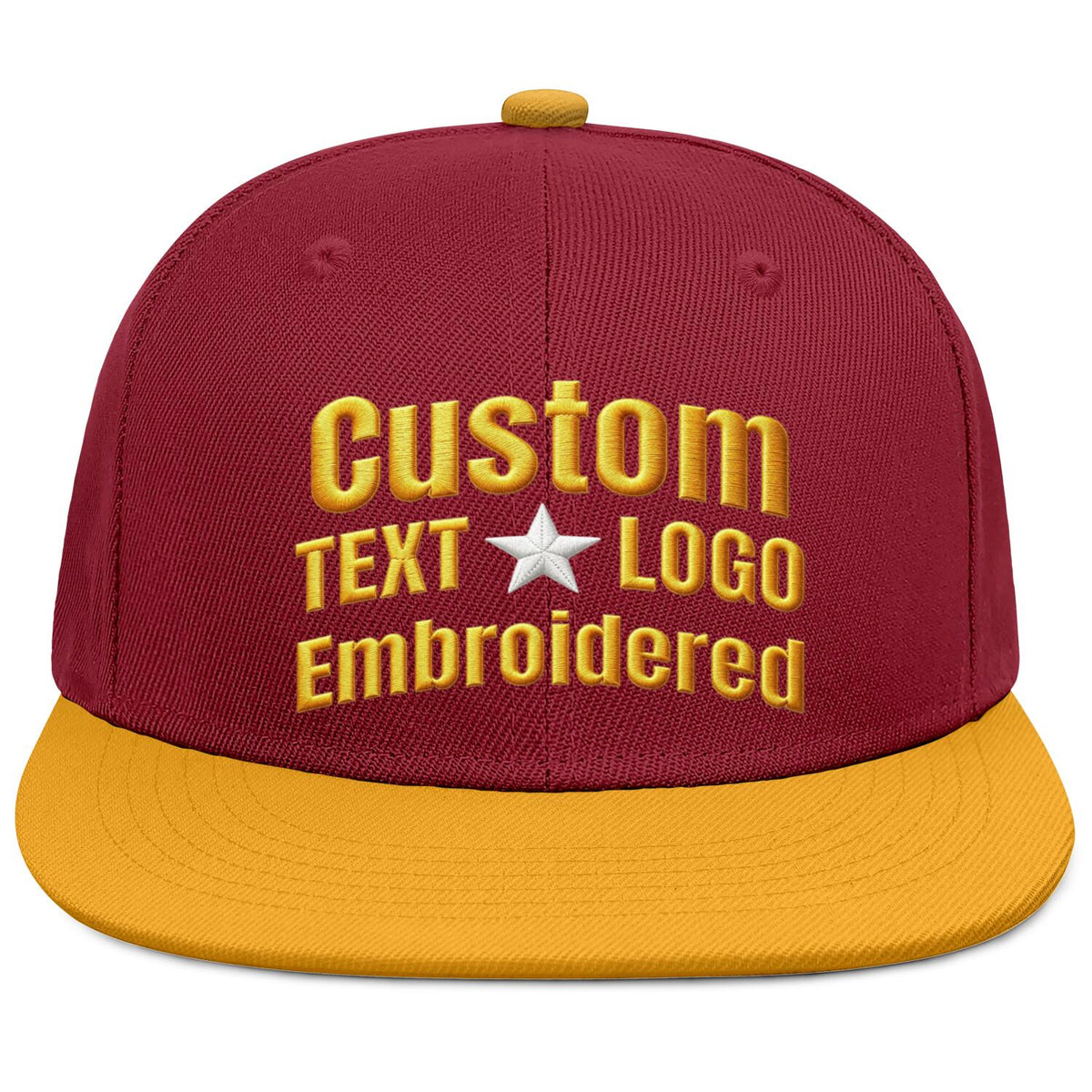 Custom Embroidered or Printed Burgundy & Gold Color-Block Flat-Brim Cap