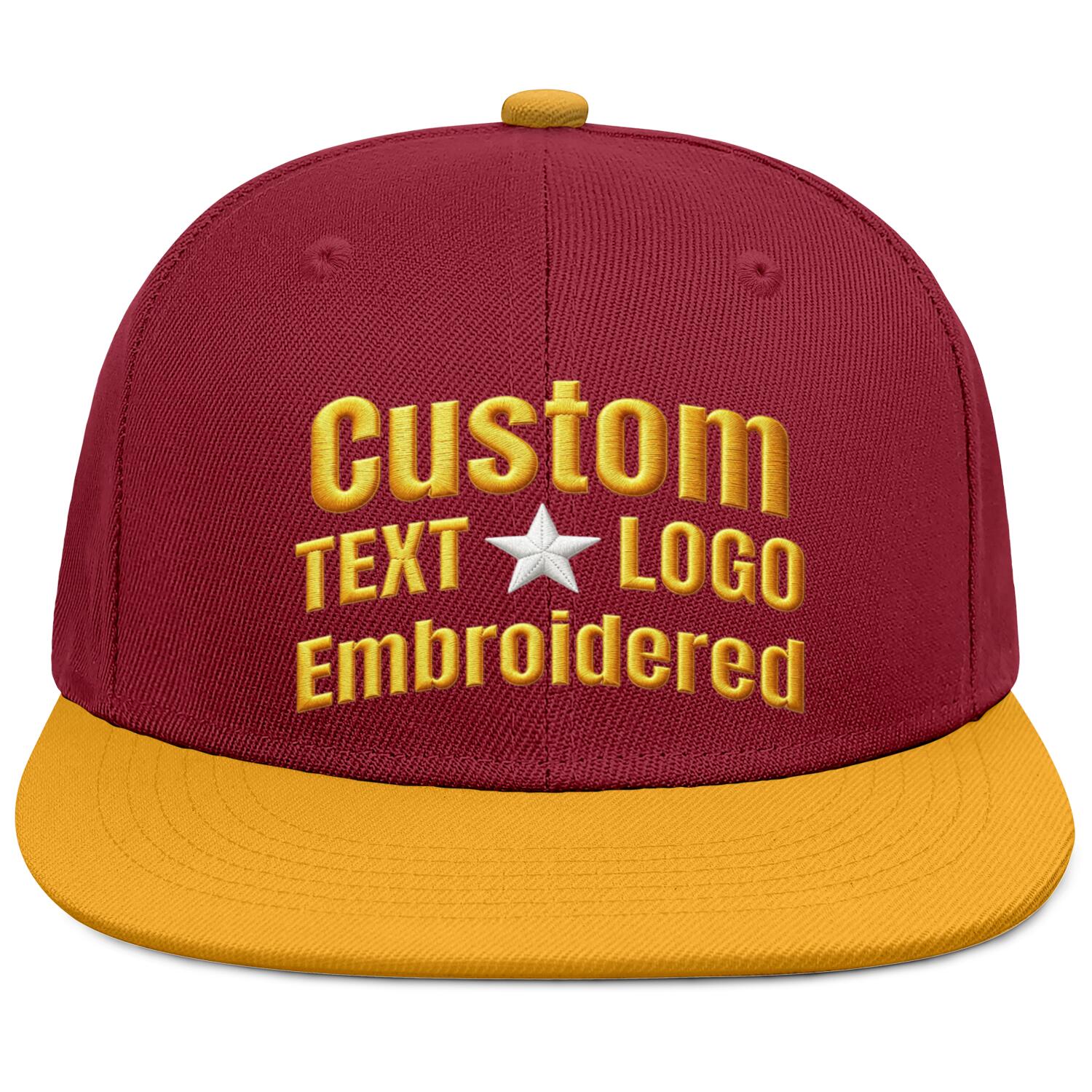 Custom Embroidered or Printed Burgundy & Gold Color-Block Flat-Brim Cap