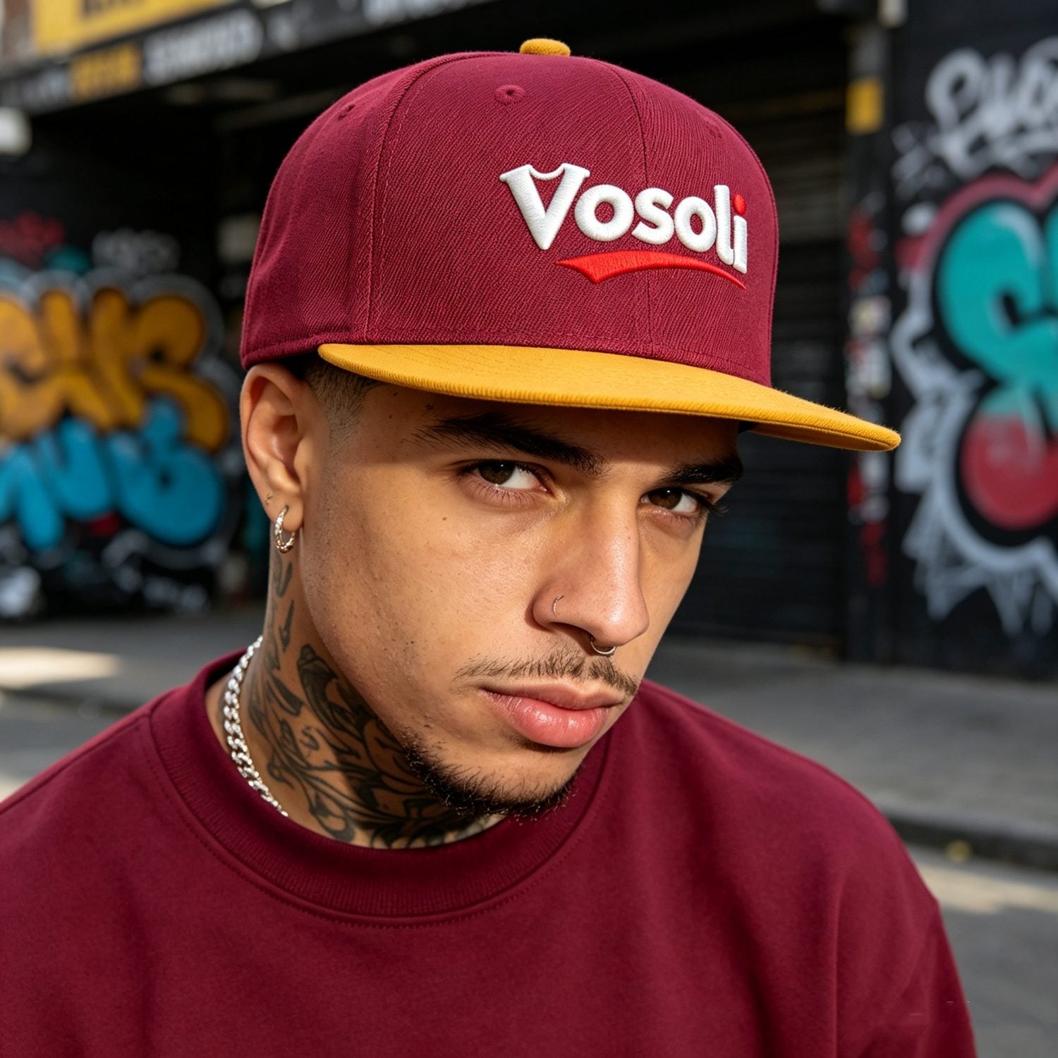Custom Embroidered or Printed Burgundy & Gold Color-Block Flat-Brim Cap