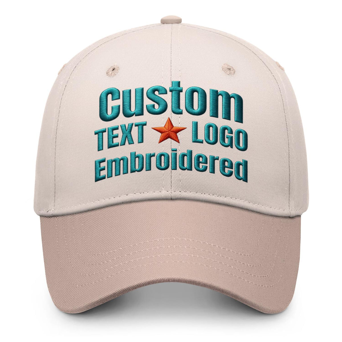 Custom embroidered or printed cream &amp; beige color block baseball cap by Vosoli | Personalized text &amp; logo | Structured fit