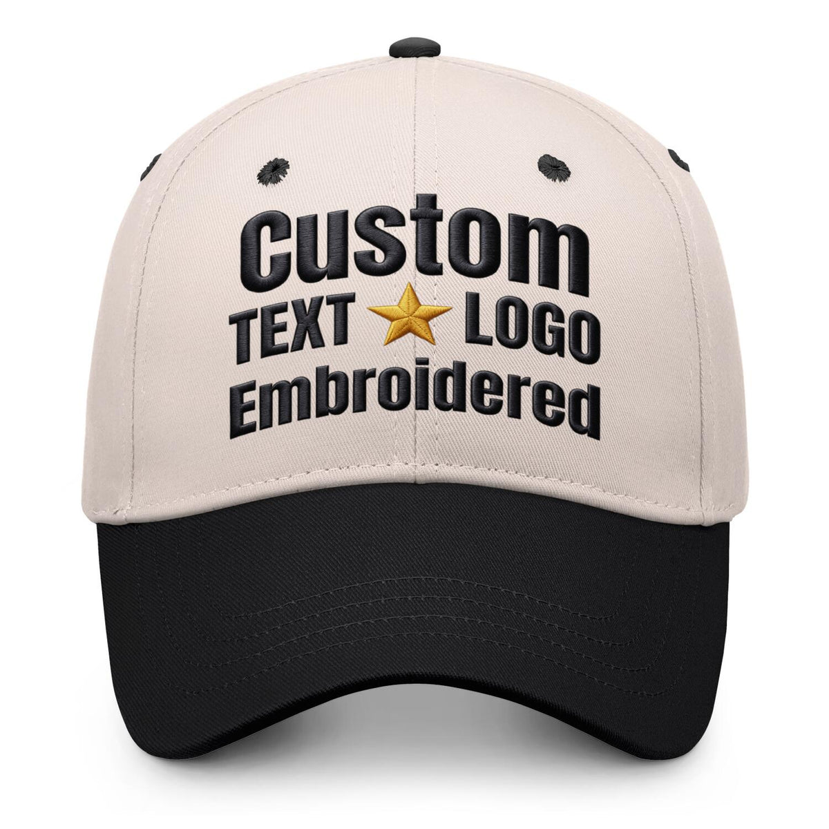Custom embroidered or printed cream &amp; black color block baseball cap by Vosoli | Personalized text &amp; logo | Structured fit