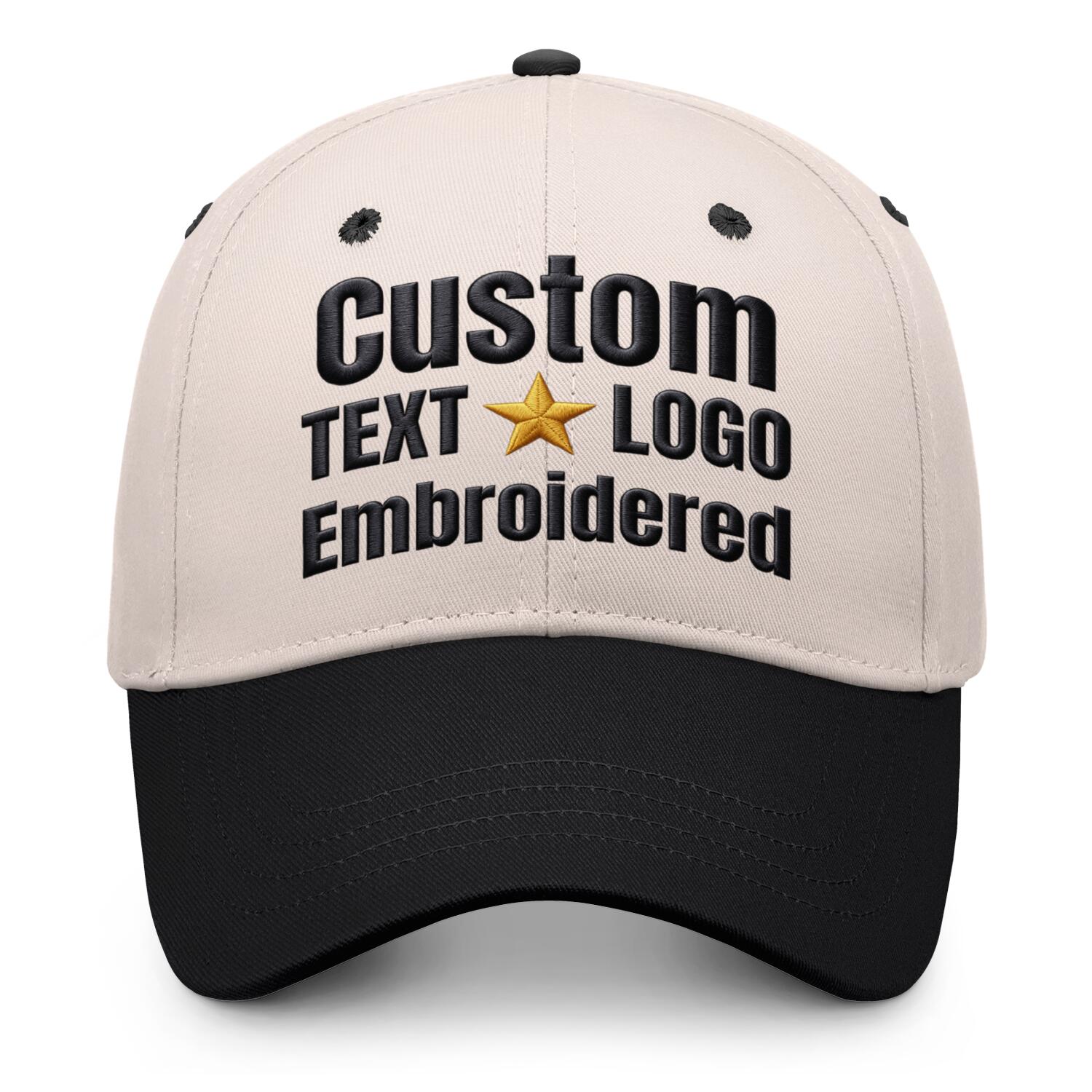 Custom embroidered or printed cream & black color block baseball cap by Vosoli | Personalized text & logo | Structured fit