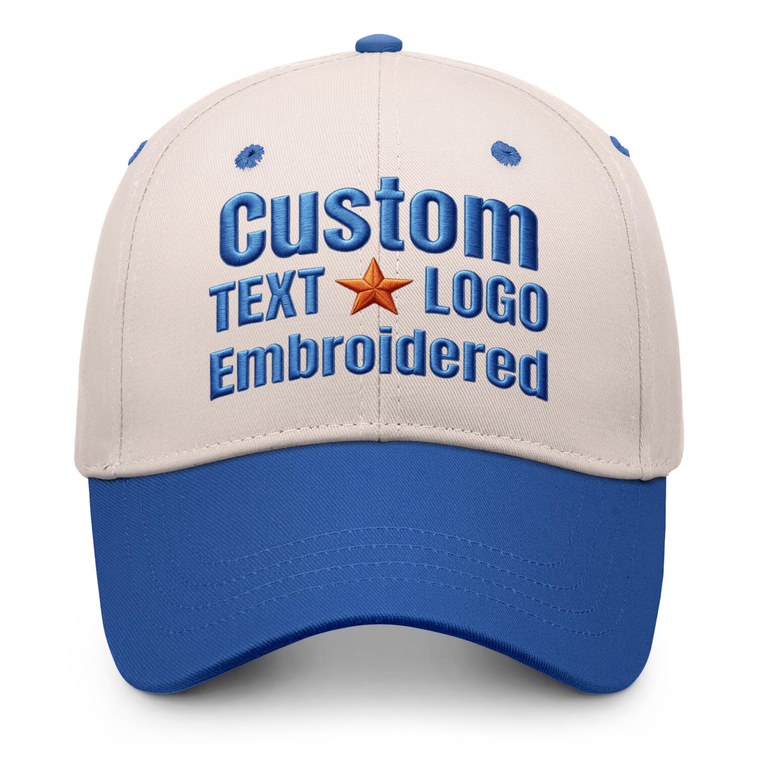Custom embroidered or printed cream & blue color block baseball cap by Vosoli | Personalized text & logo | Structured fit