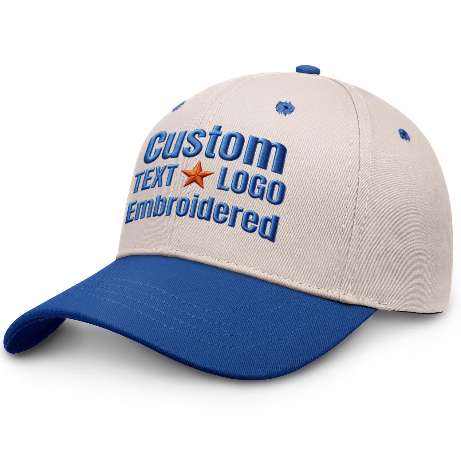 Custom embroidered or printed cream & blue color block baseball cap by Vosoli | Personalized text & logo | Structured fit