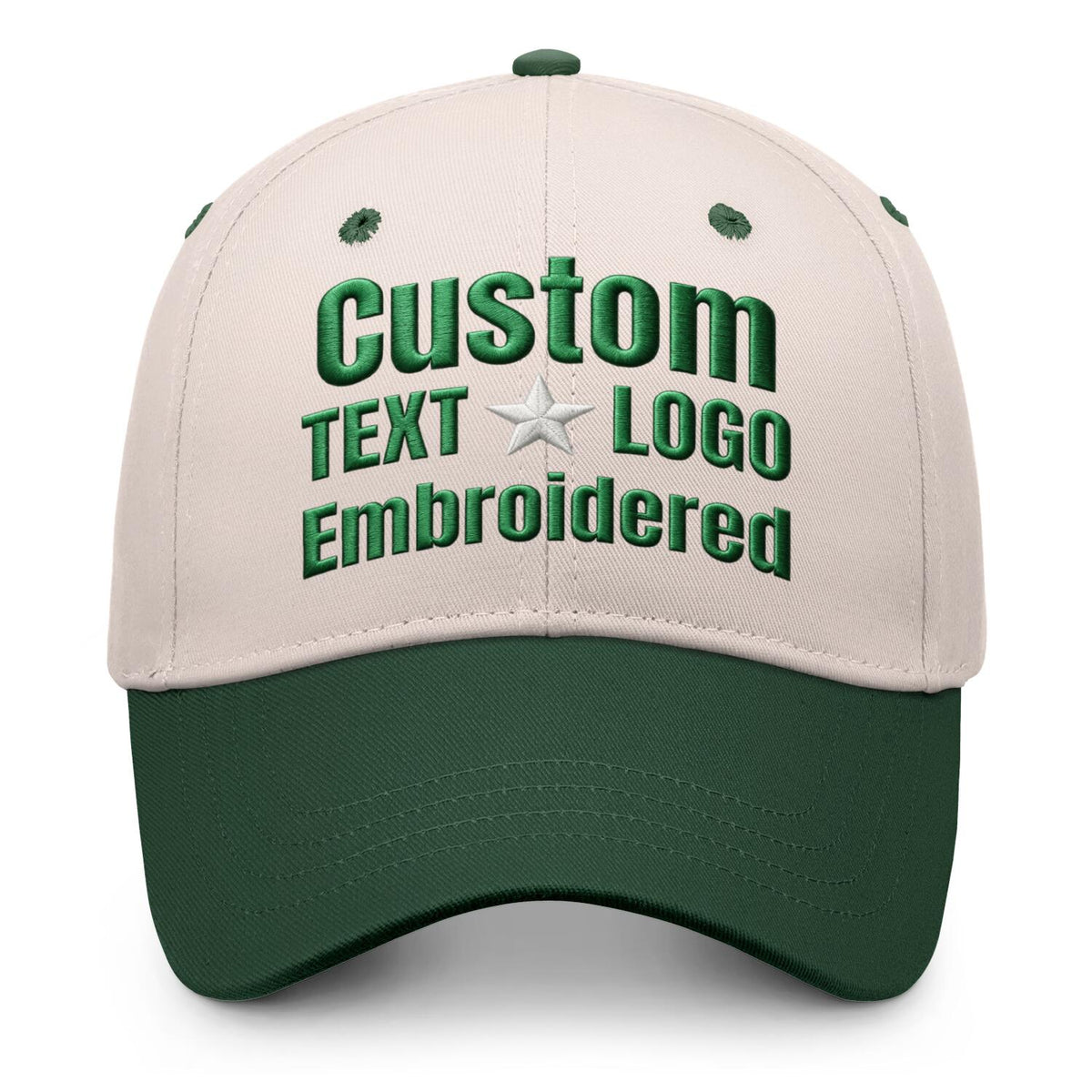 Custom embroidered or printed cream &amp; green color block baseball cap by Vosoli | Personalized text &amp; logo | Structured fit