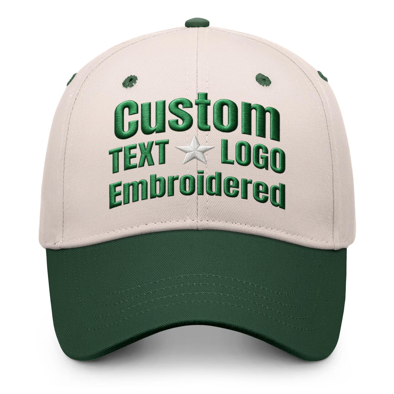 Custom embroidered or printed cream & green color block baseball cap by Vosoli | Personalized text & logo | Structured fit