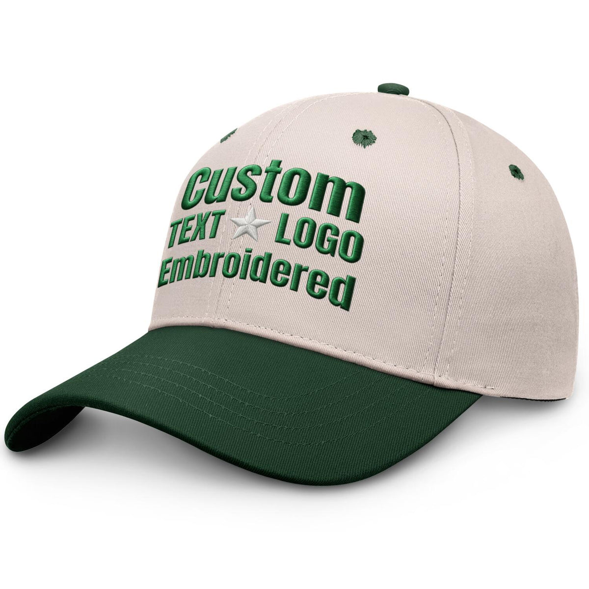 Custom Embroidered or Printed Cream & Forest Green Color Block Baseball Cap | Personalized Sport Hat