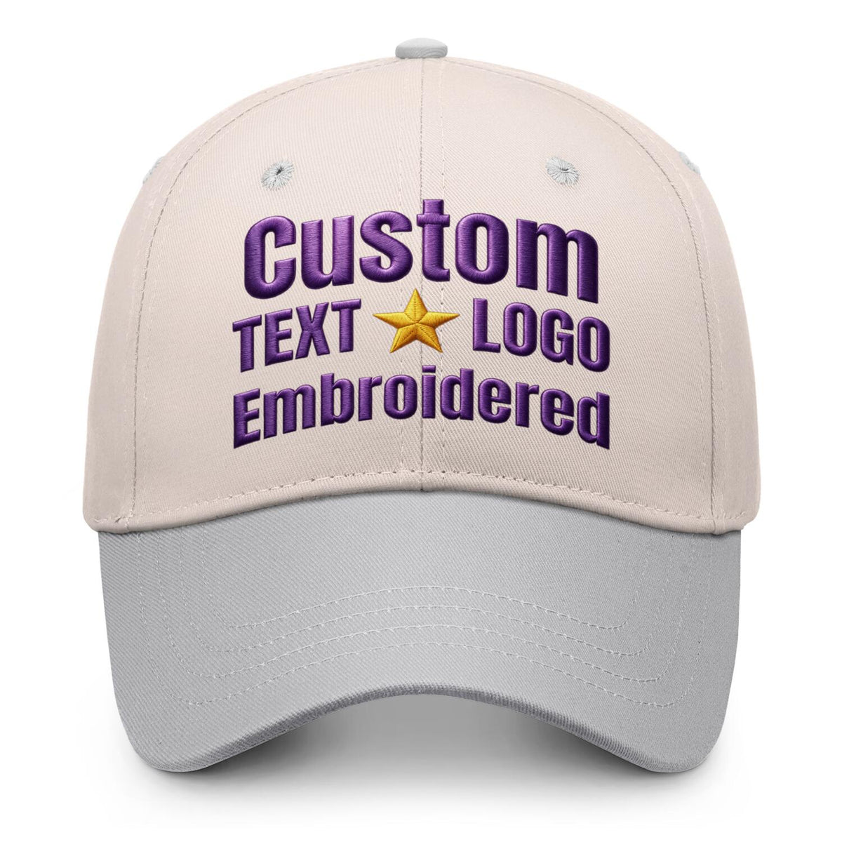Custom embroidered or printed cream &amp; grey color block baseball cap by Vosoli | Personalized text &amp; logo | Structured fit