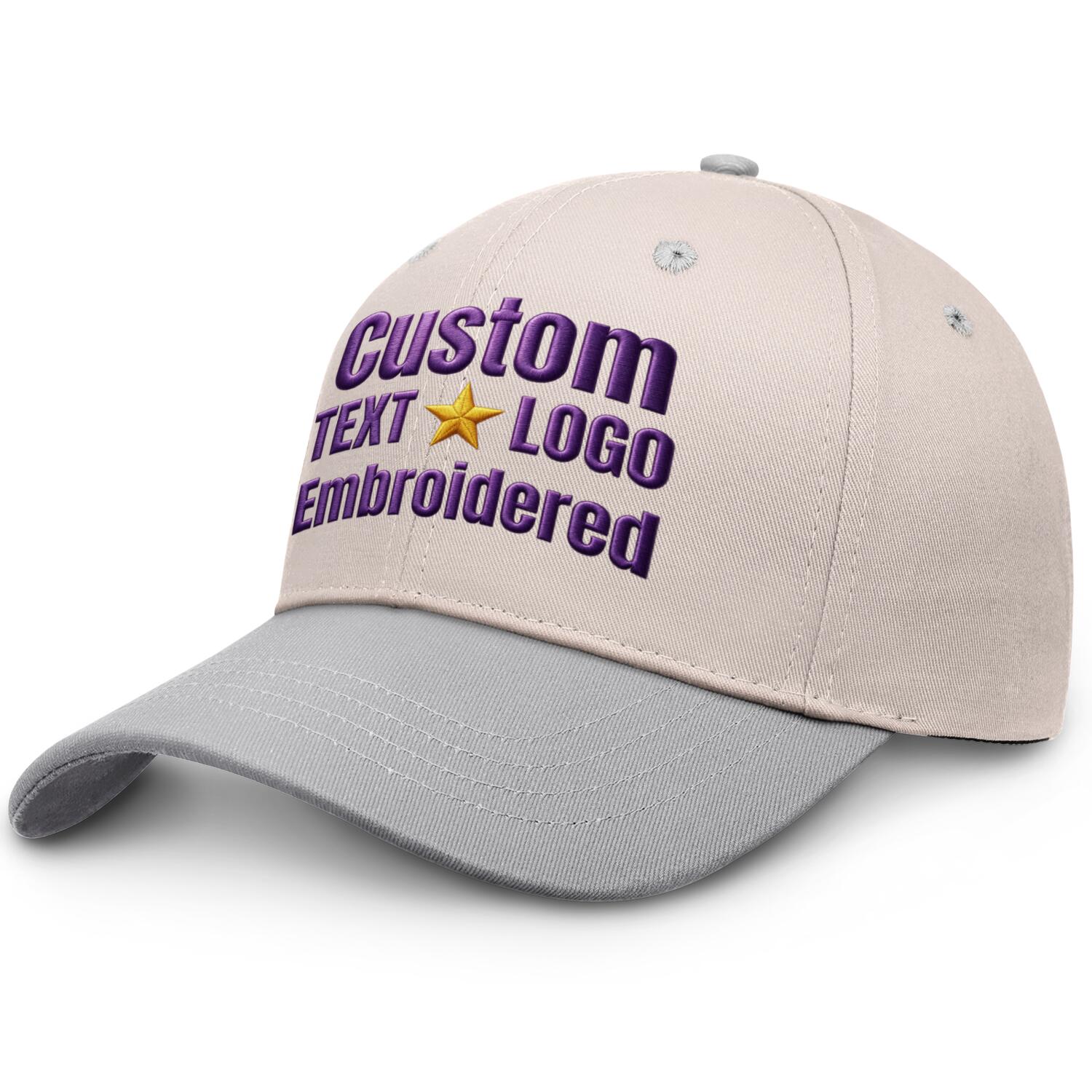 Custom embroidered or printed cream & grey color block baseball cap by Vosoli | Personalized text & logo | Structured fit