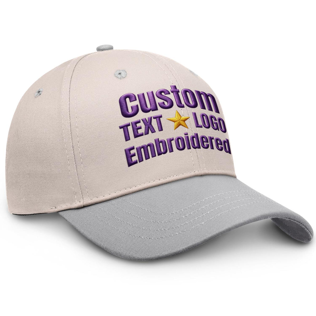 Custom Embroidered or Printed Cream & Grey Color Block Baseball Cap | Personalized Sport Hat