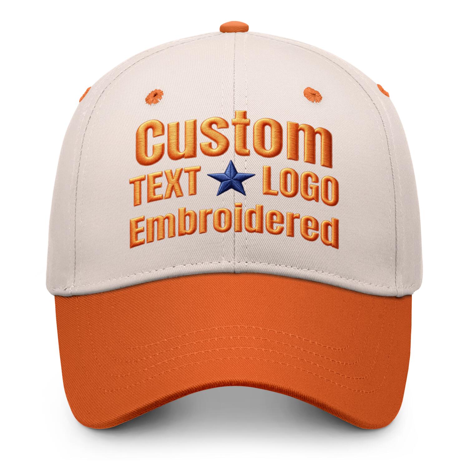 Custom embroidered or printed cream & orange color block baseball cap by Vosoli | Personalized text & logo | Structured fit