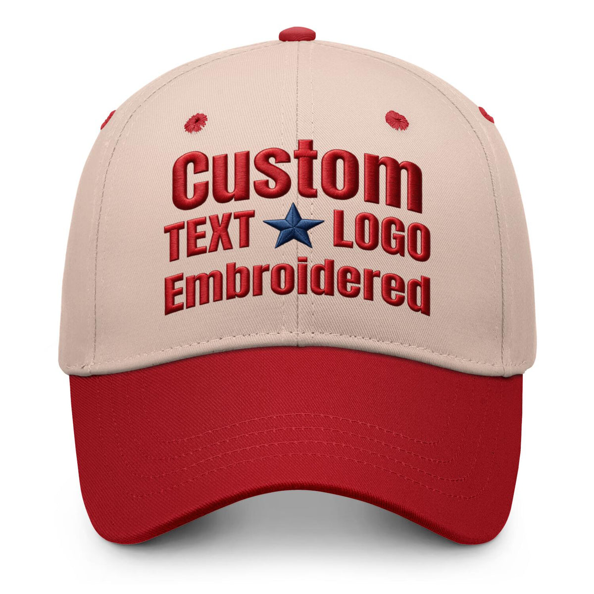 Custom embroidered or printed cream &amp; red color block baseball cap by Vosoli | Personalized text &amp; logo | Structured fit