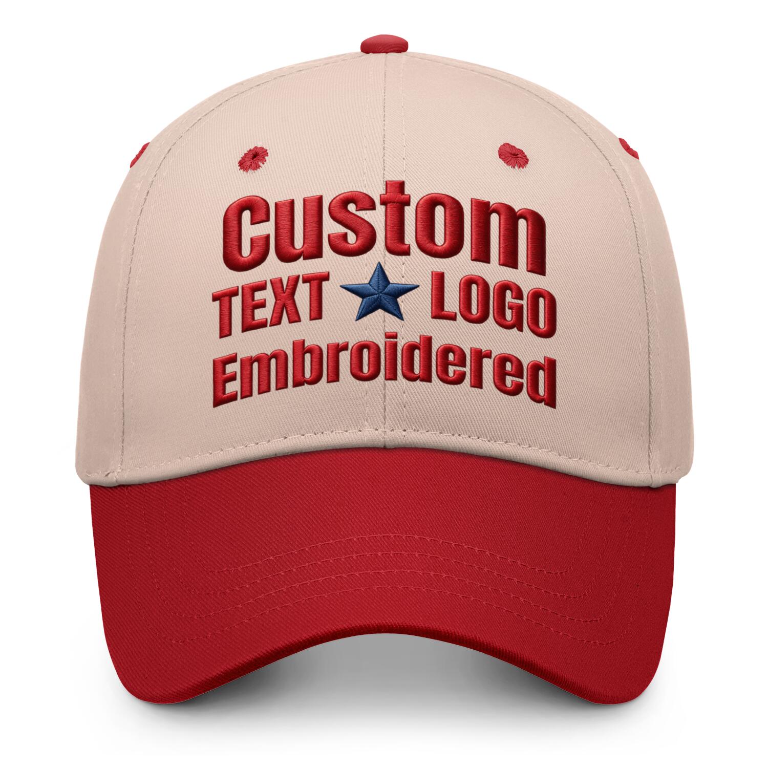 Custom embroidered or printed cream & red color block baseball cap by Vosoli | Personalized text & logo | Structured fit