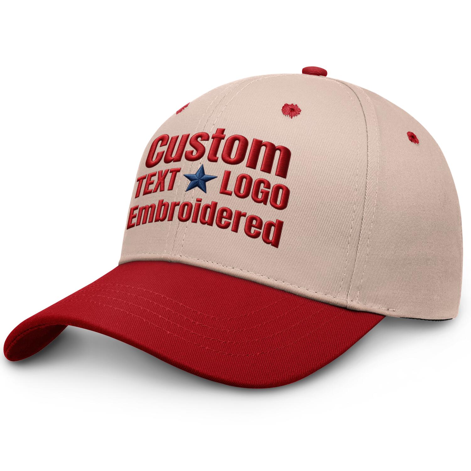 Custom embroidered or printed cream & red color block baseball cap by Vosoli | Personalized text & logo | Structured fit