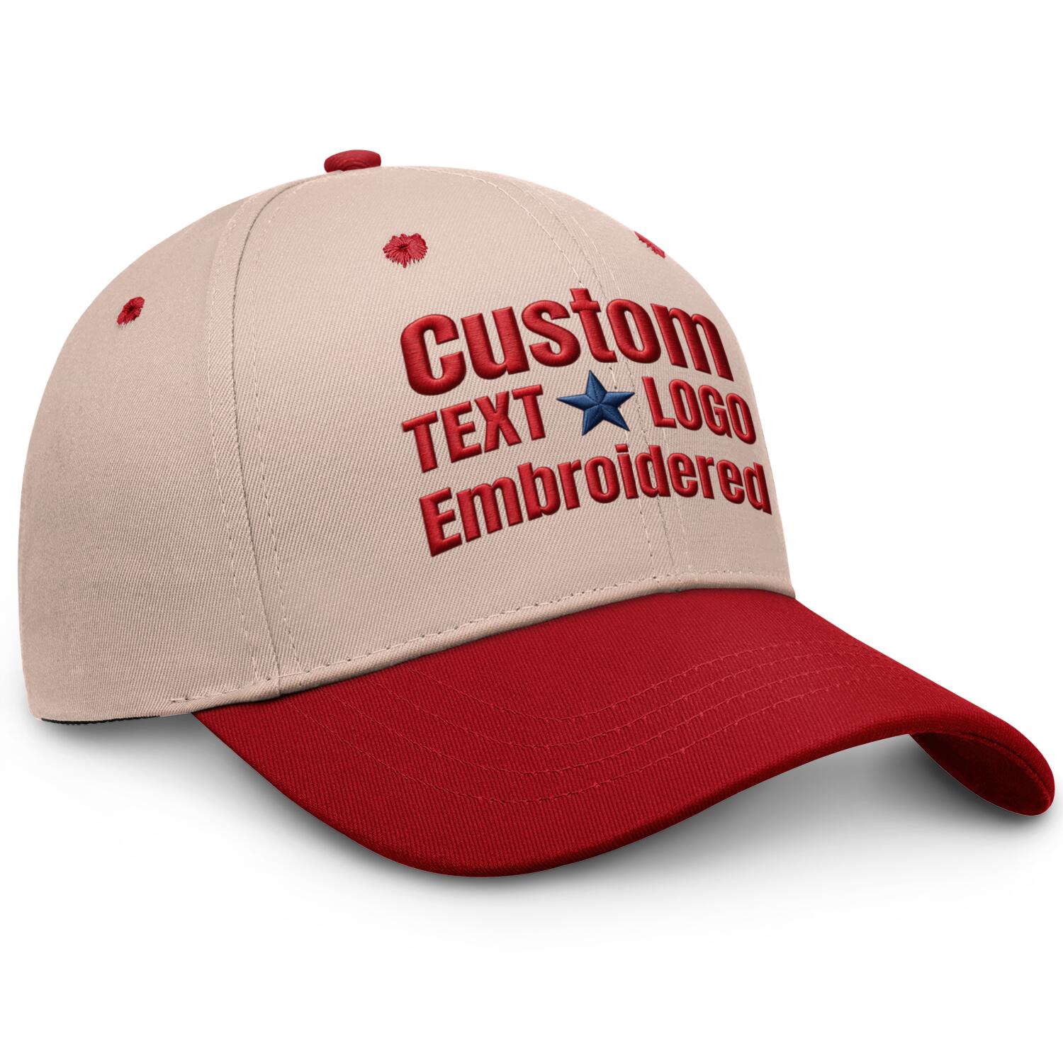 Custom Embroidered or Printed Cream & Red Color Block Baseball Cap | Personalized Sport Hat