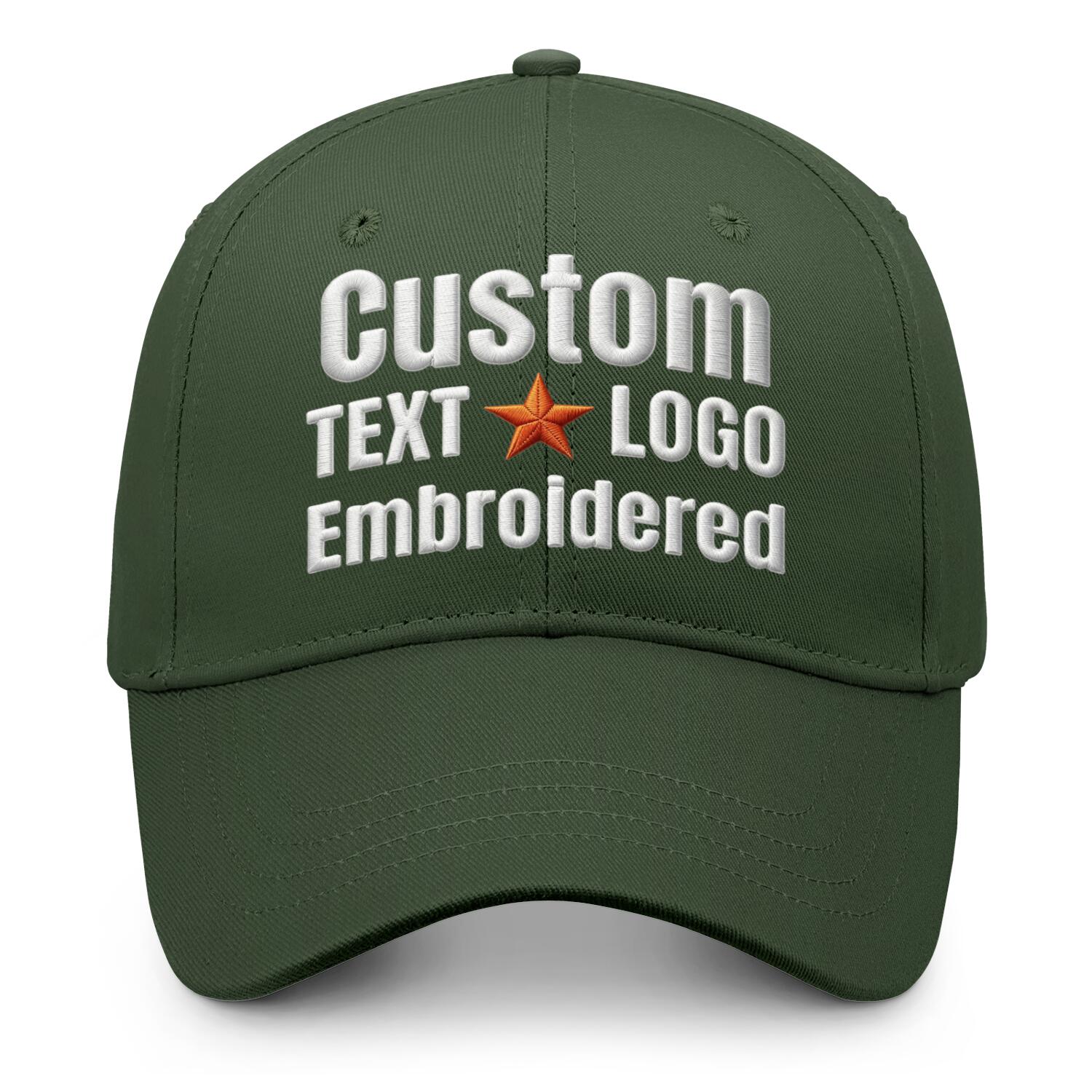 Custom embroidered or printed forest green baseball cap by Vosoli | Personalized text & logo | Structured fit