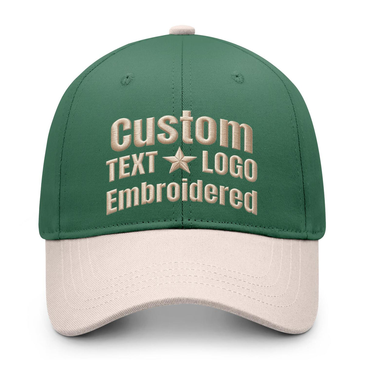 Custom embroidered or printed forest green &amp; cream color block baseball cap by Vosoli | Personalized text &amp; logo | Structured fit