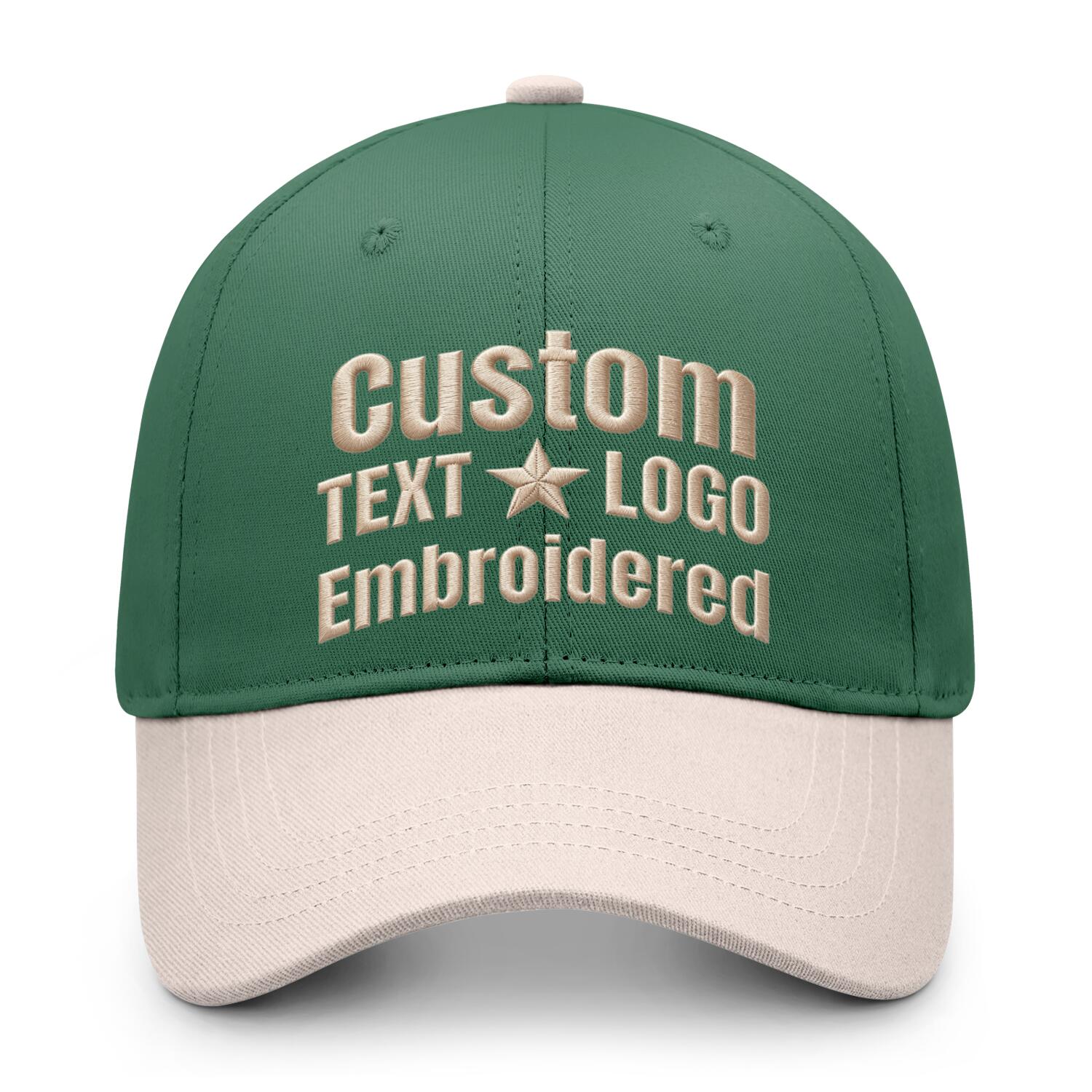 Custom embroidered or printed forest green & cream color block baseball cap by Vosoli | Personalized text & logo | Structured fit
