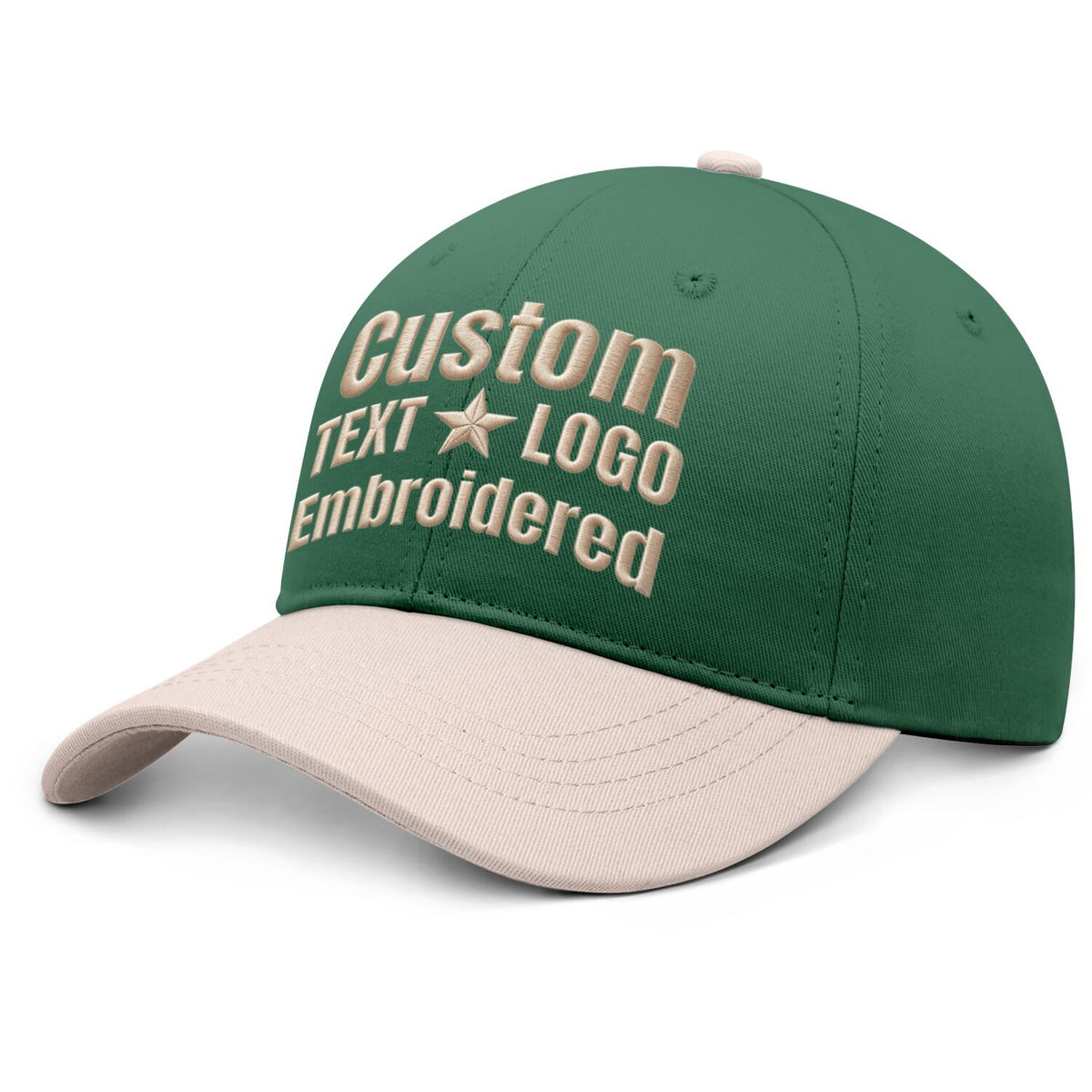 Custom Embroidered or Printed Forest Green & Cream Color Block Baseball Cap | Personalized Sport Hat
