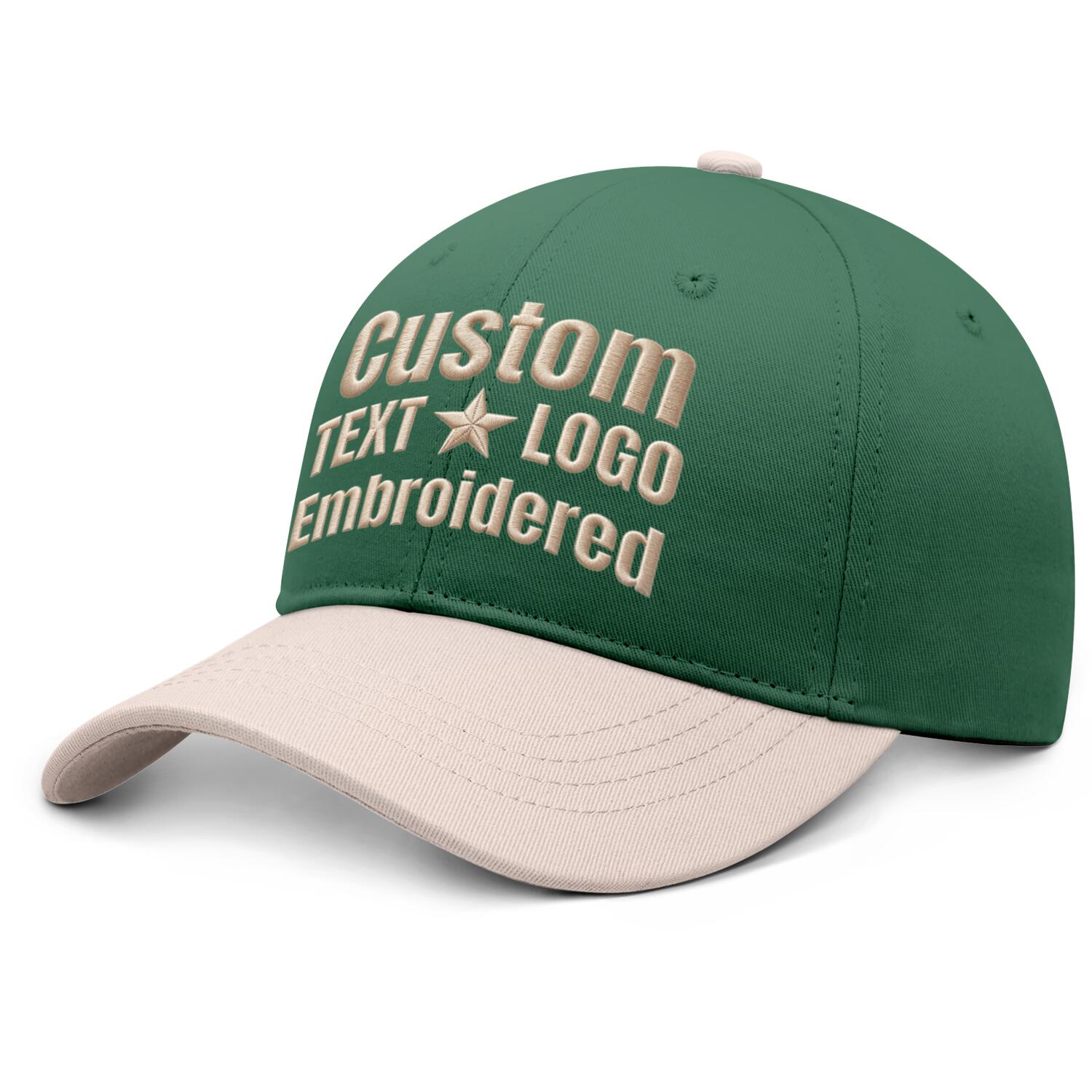 Custom embroidered or printed forest green & cream color block baseball cap by Vosoli | Personalized text & logo | Structured fit