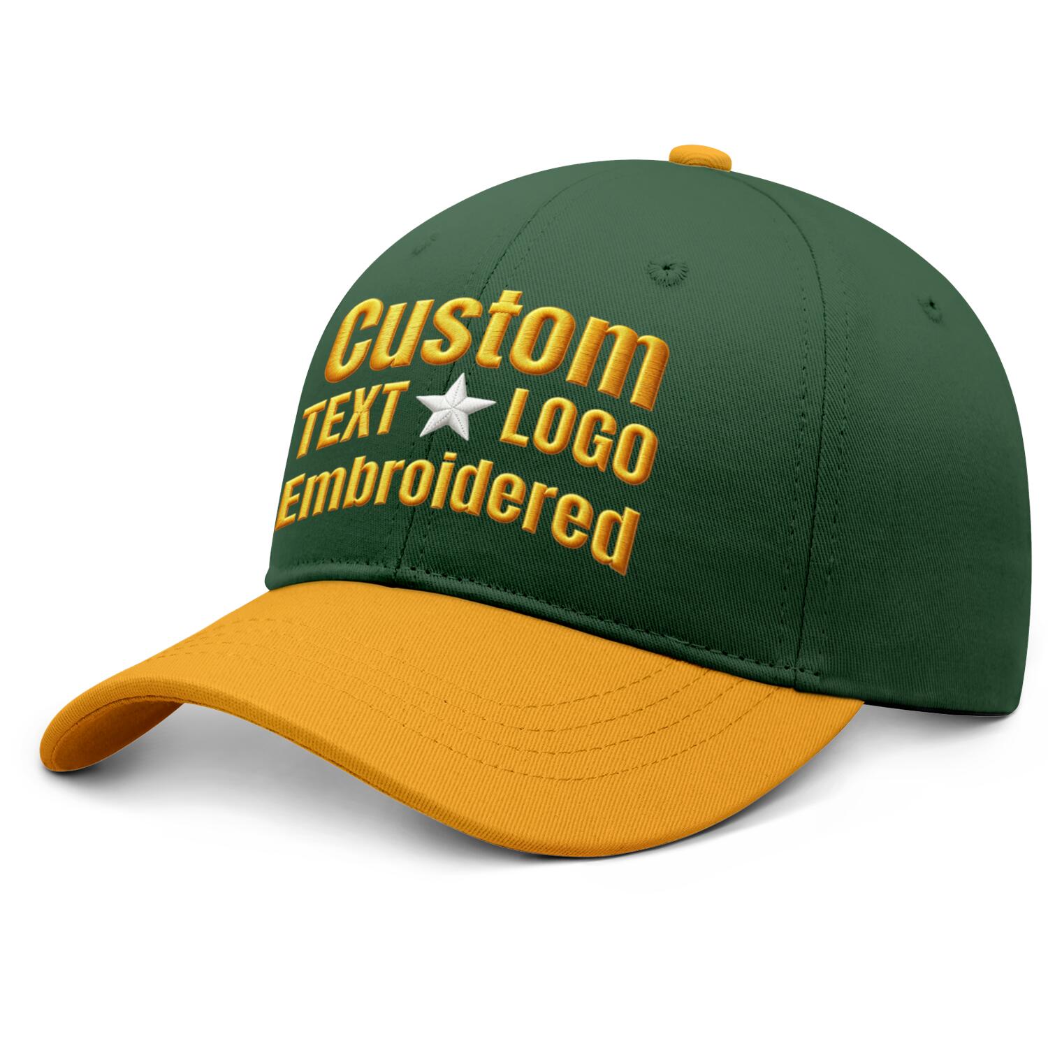 Custom embroidered or printed forest green & gold color block baseball cap by Vosoli | Personalized text & logo | Structured fit