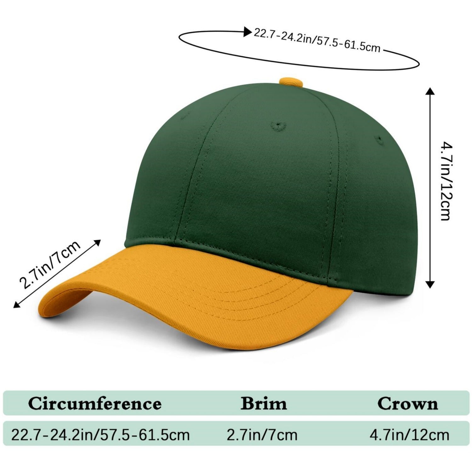 Custom Embroidered or Printed Forest Green & Gold Color Block Baseball Cap | Personalized Sport Hat