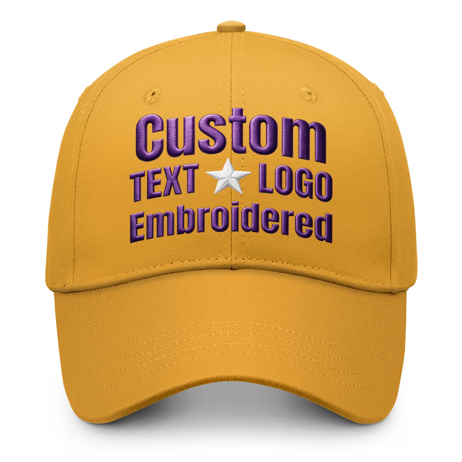 Custom embroidered or printed gold baseball cap by Vosoli | Personalized text & logo | Structured fit