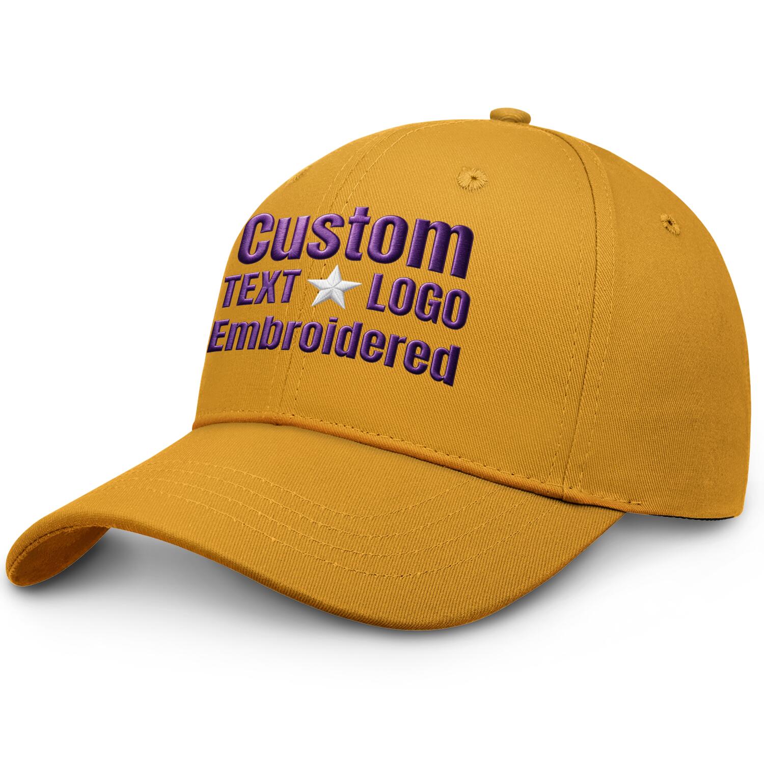 Custom embroidered or printed gold baseball cap by Vosoli | Personalized text & logo | Structured fit