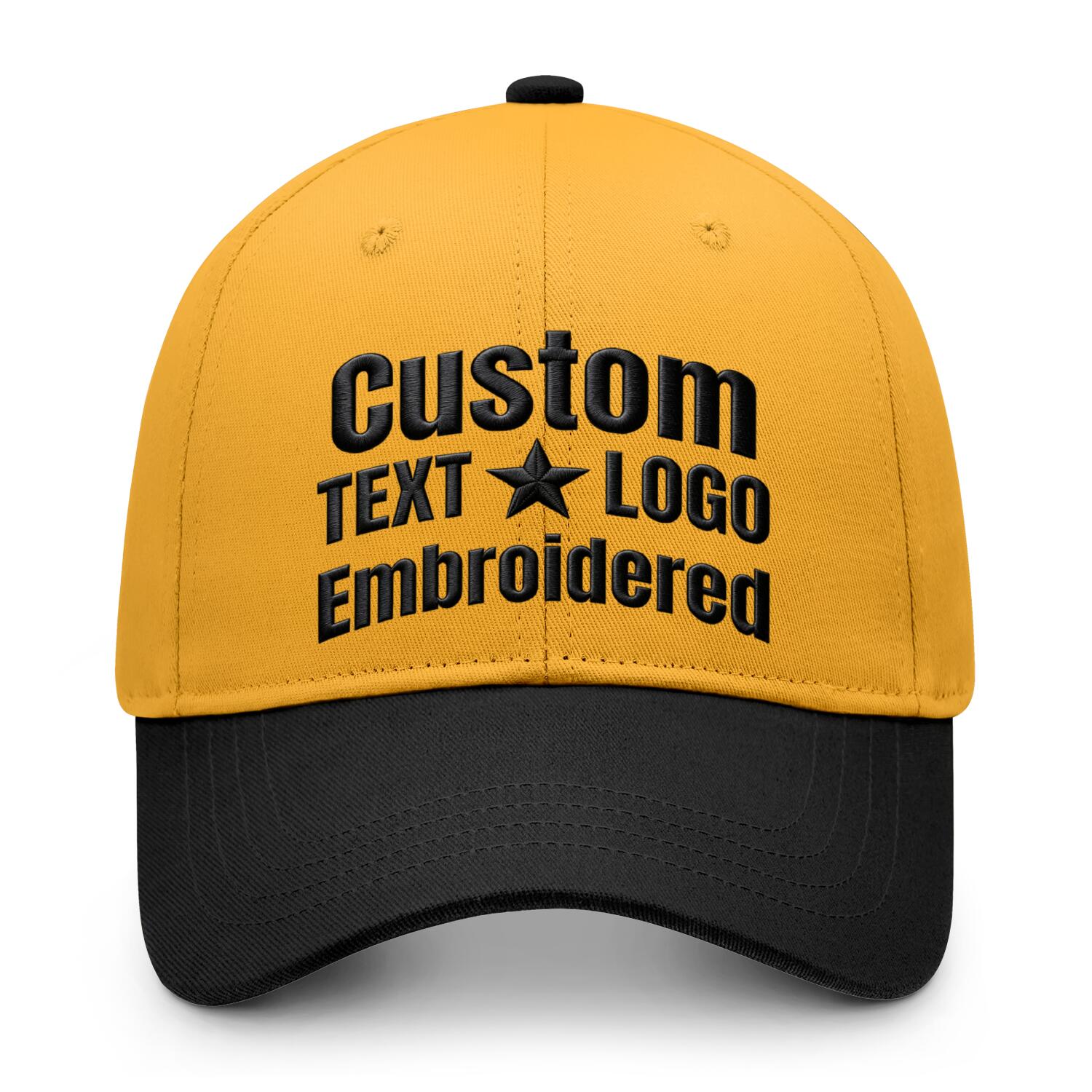 Custom embroidered or printed gold & black color block baseball cap by Vosoli | Personalized text & logo | Structured fit
