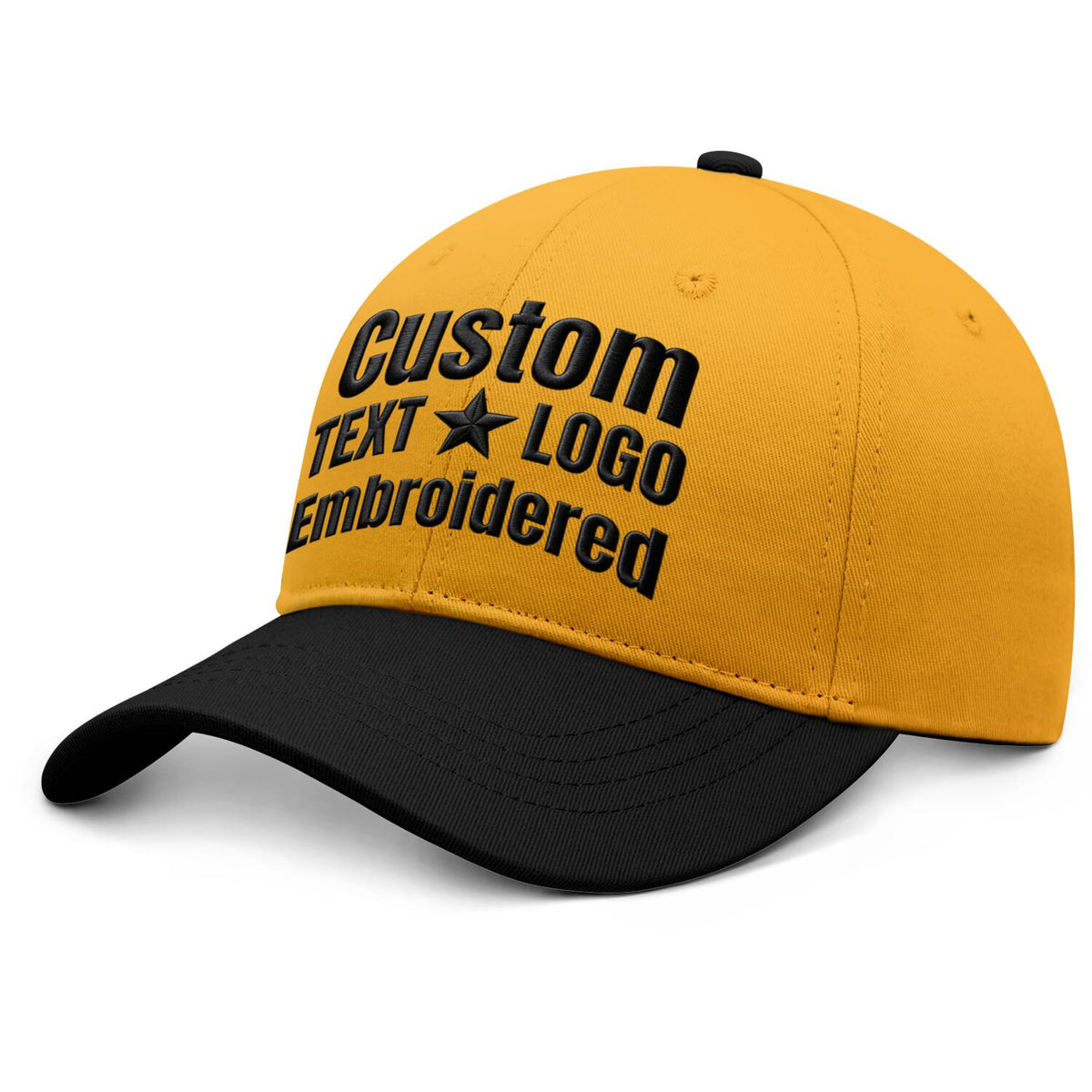 Custom Embroidered or Printed Gold & Black Color Block Baseball Cap | Personalized Sport Hat