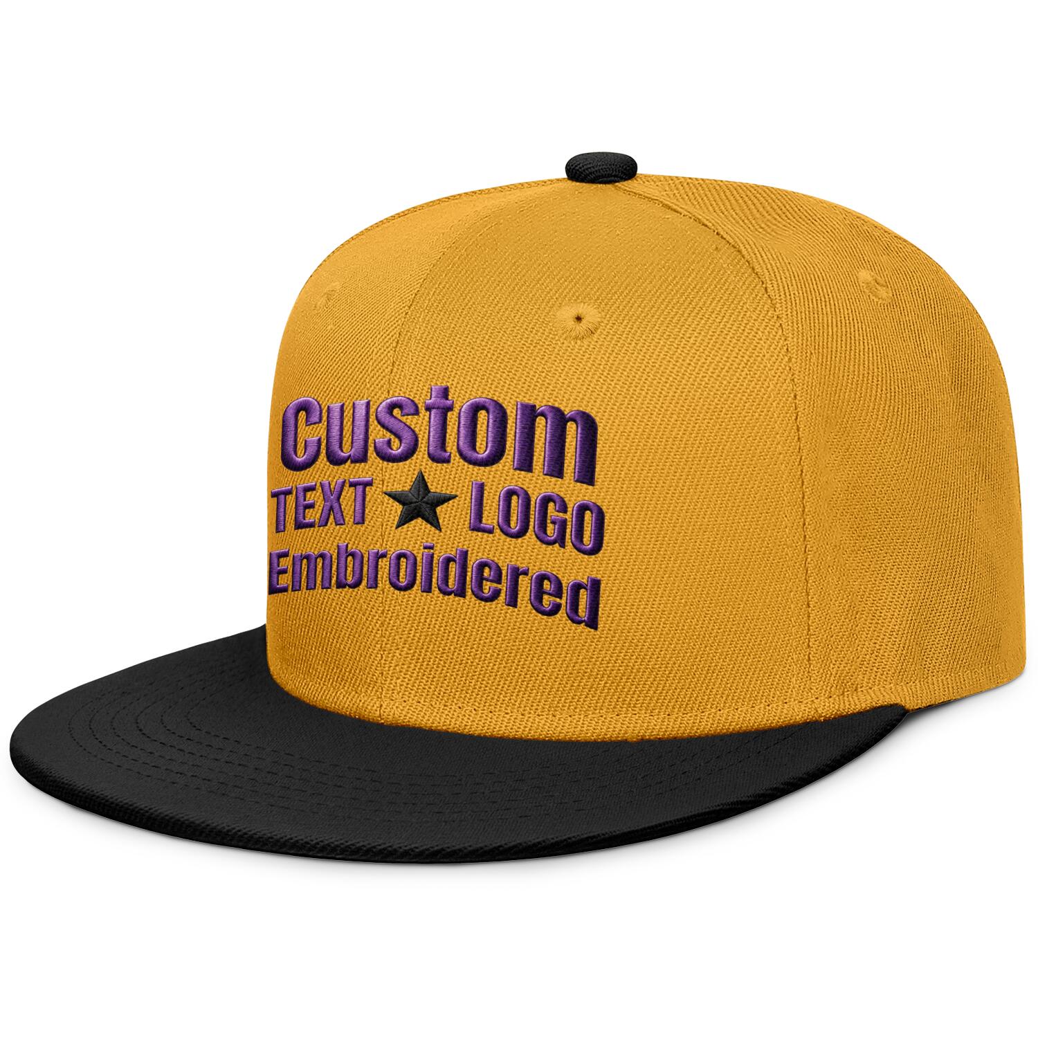 Custom embroidered or printed gold & black color-block flat-brim cap by Vosoli | Personalized text & logo | Structured fit