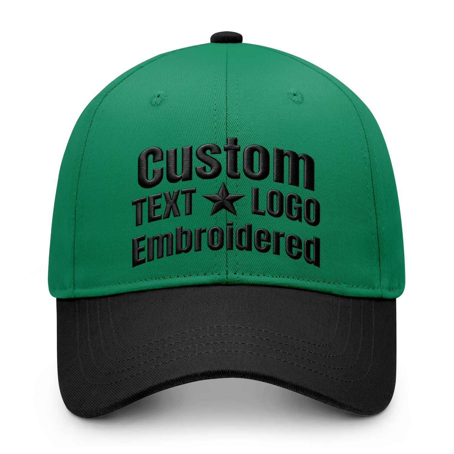 Custom embroidered or printed green & black color block baseball cap by Vosoli | Personalized text & logo | Structured fit
