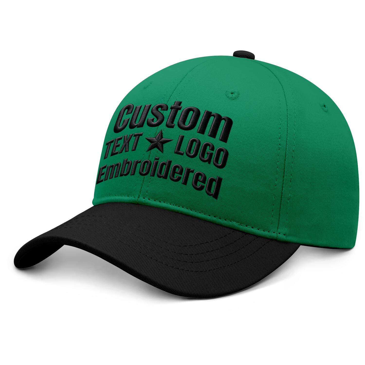 Custom embroidered or printed green & black color block baseball cap by Vosoli | Personalized text & logo | Structured fit