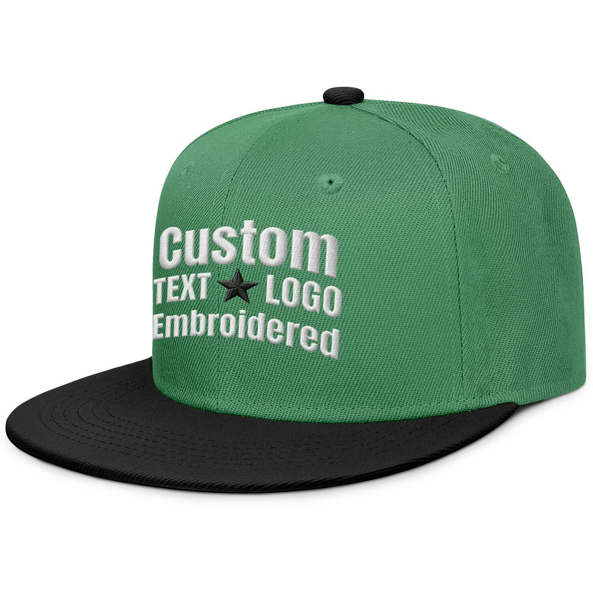 Custom embroidered or printed green &amp; black color-block flat-brim cap by Vosoli | Personalized text &amp; logo | Structured fit