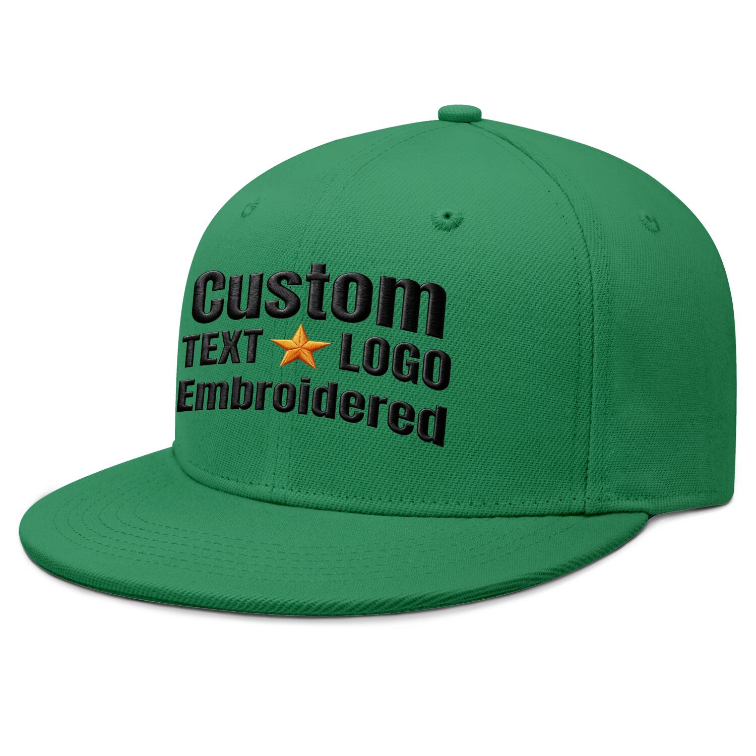 Custom embroidered or printed green flat-brim cap by Vosoli | Personalized text & logo