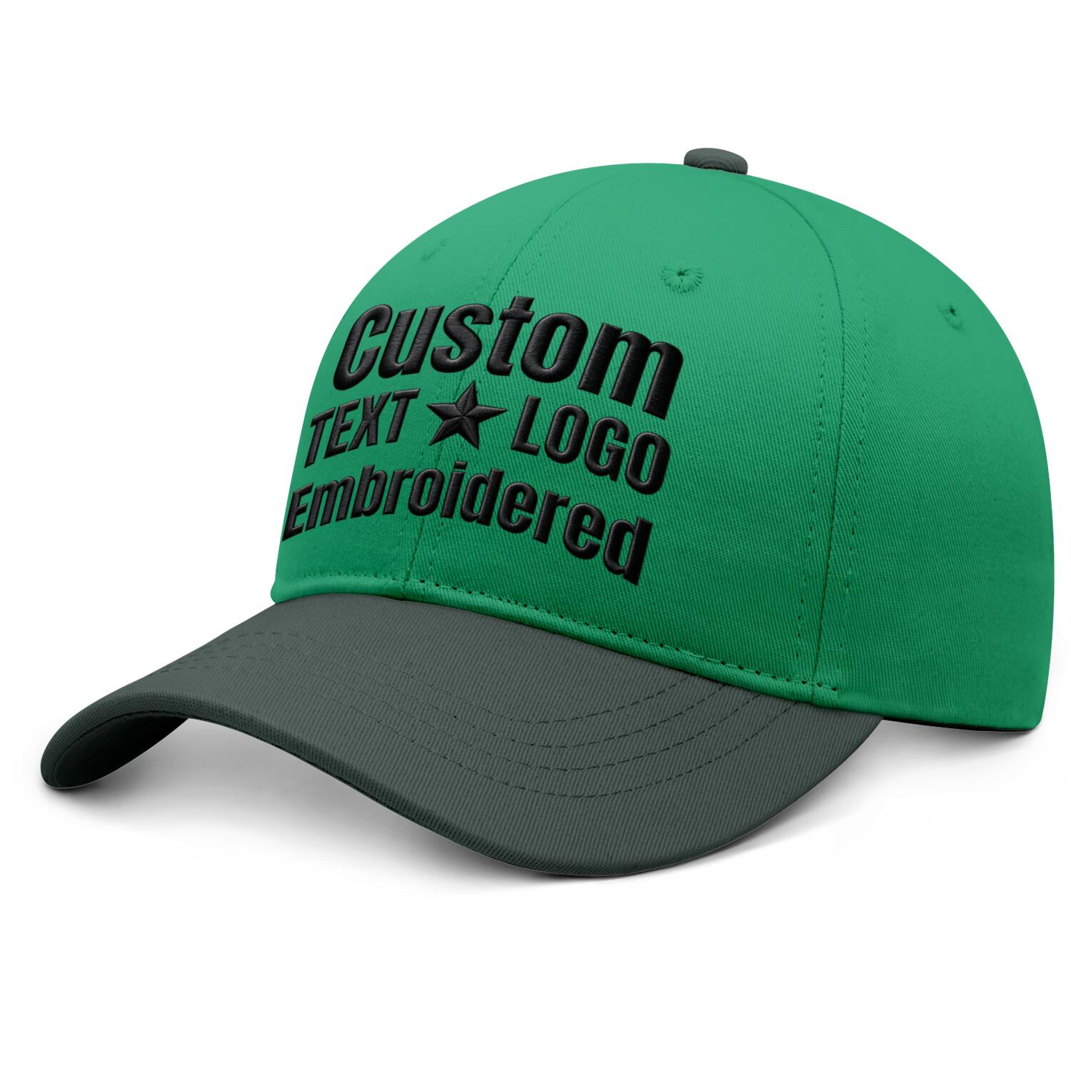 Custom embroidered or printed green & grey color block baseball cap by Vosoli | Personalized text & logo | Structured fit