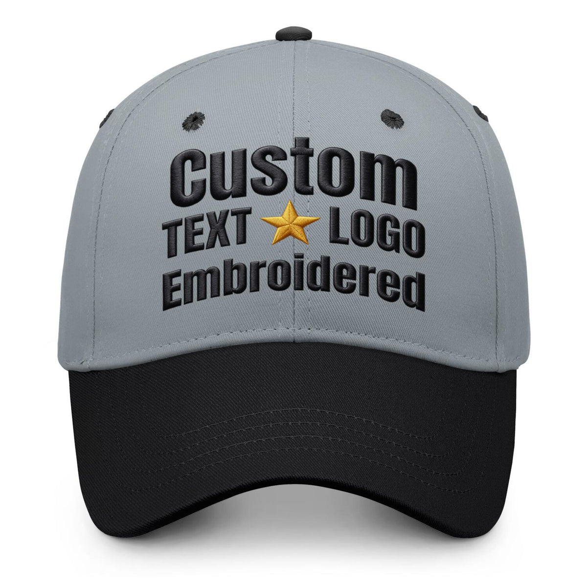 Custom embroidered or printed grey &amp; black color block baseball cap by Vosoli | Personalized text &amp; logo | Structured fit