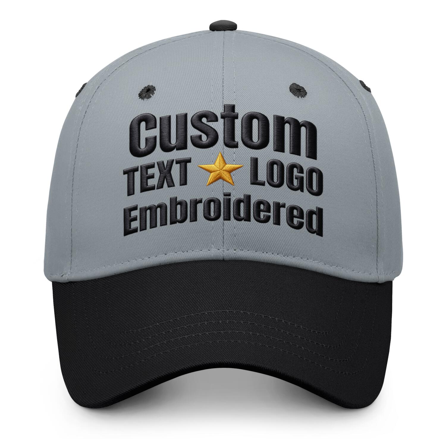 Custom embroidered or printed grey & black color block baseball cap by Vosoli | Personalized text & logo | Structured fit