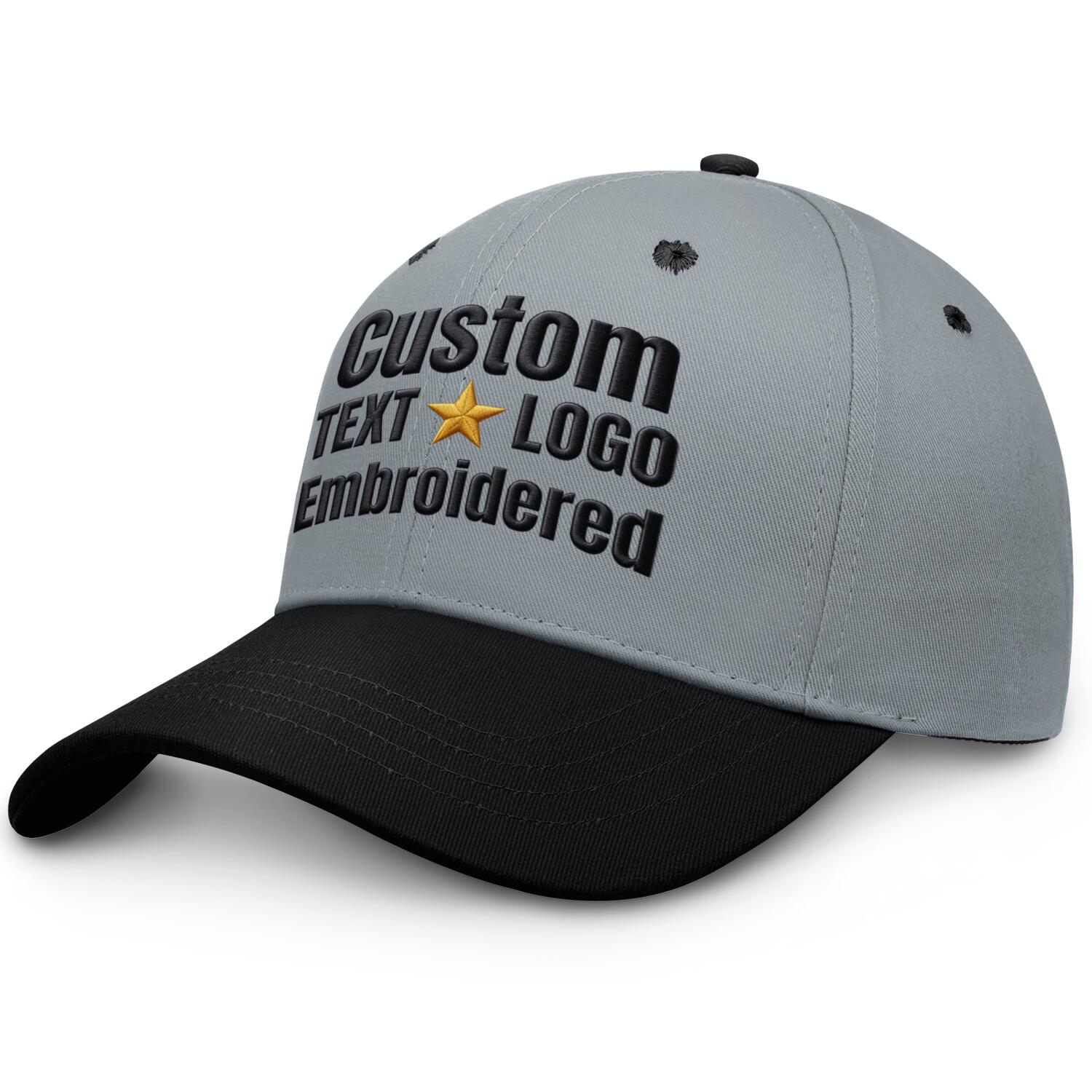 Custom embroidered or printed grey & black color block baseball cap by Vosoli | Personalized text & logo | Structured fit
