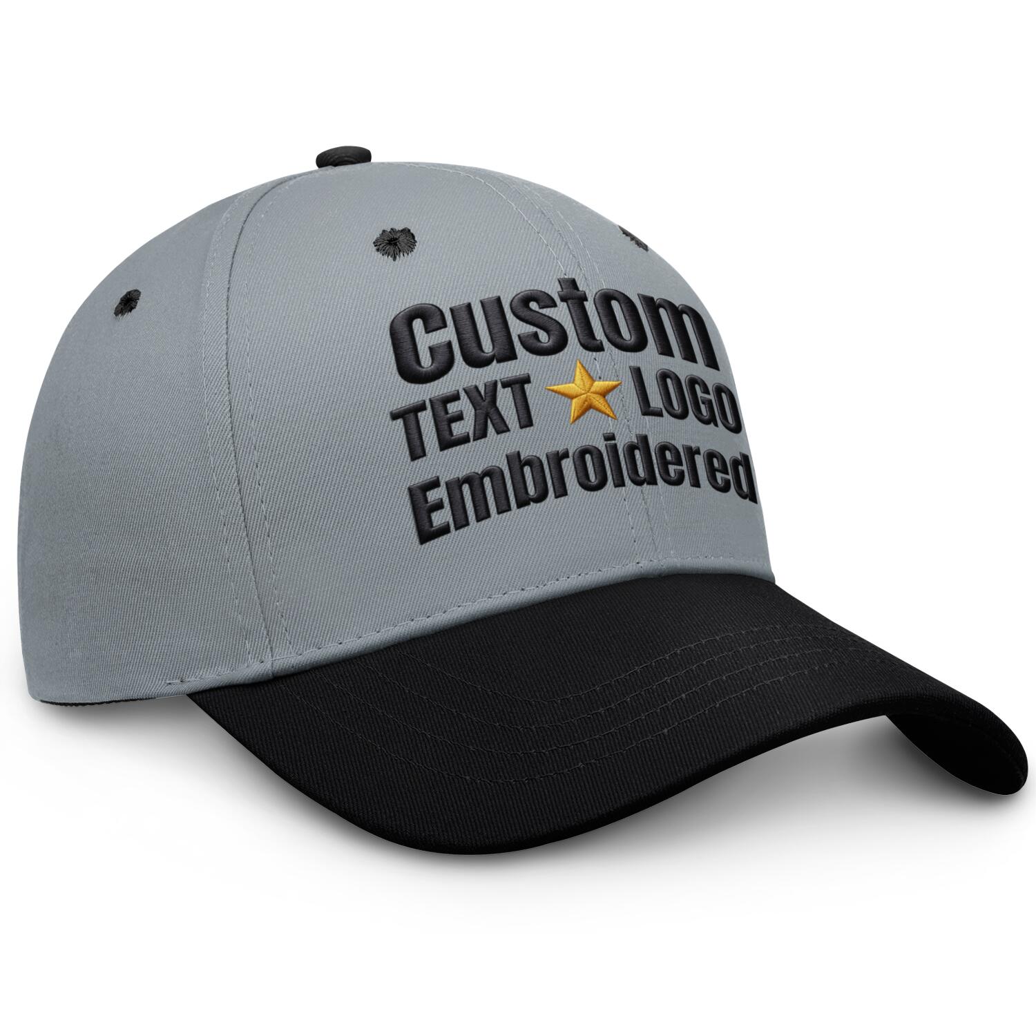 Custom Embroidered or Printed Grey & Black Color Block Baseball Cap | Personalized Sport Hat