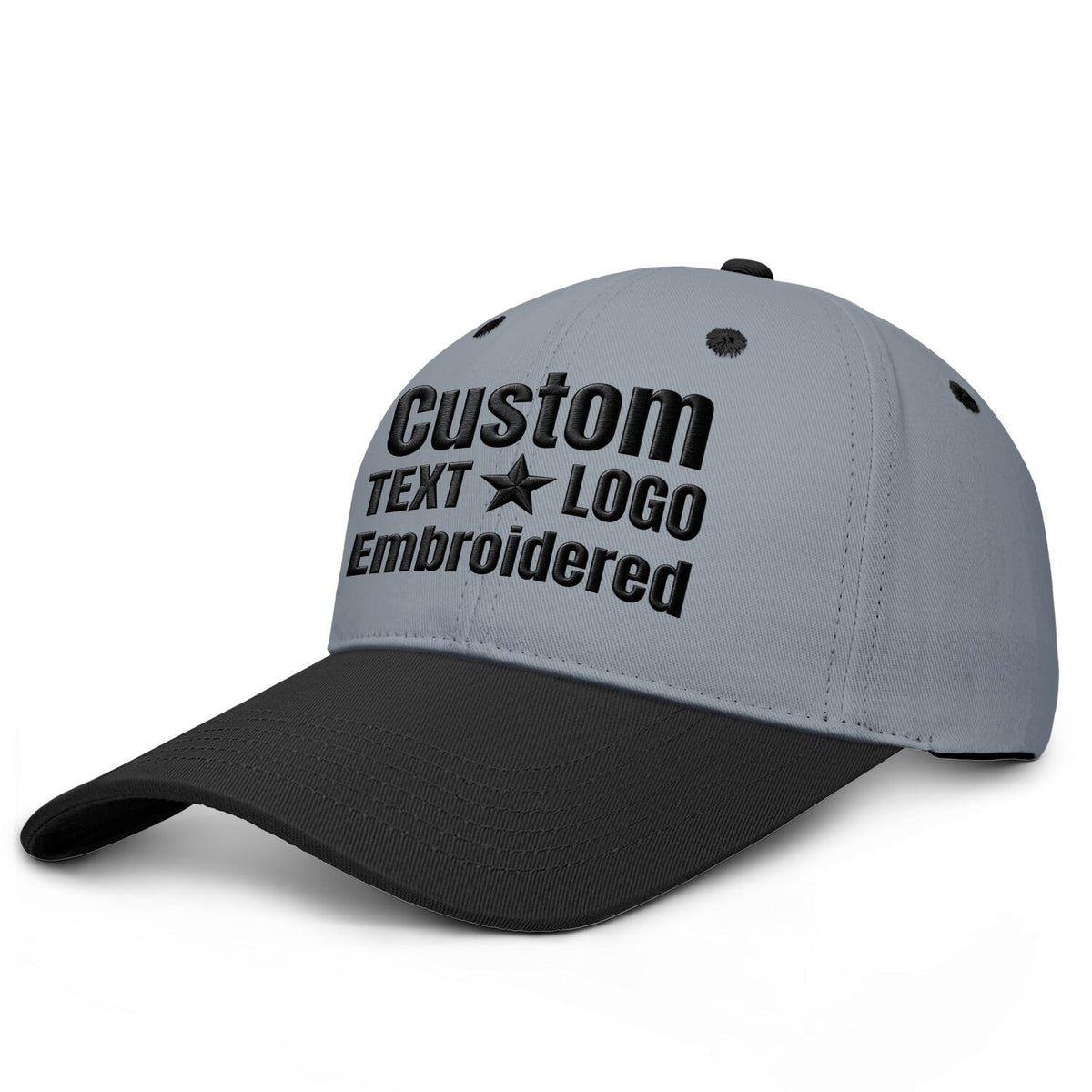 Custom embroidered or printed grey &amp; black deep brim baseball cap by Vosoli | Personalized text &amp; logo | Structured fit