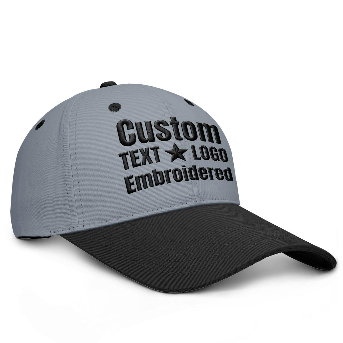 Custom Embroidered or Printed Grey & Black Deep Brim Baseball Cap | Personalized Sport Hat