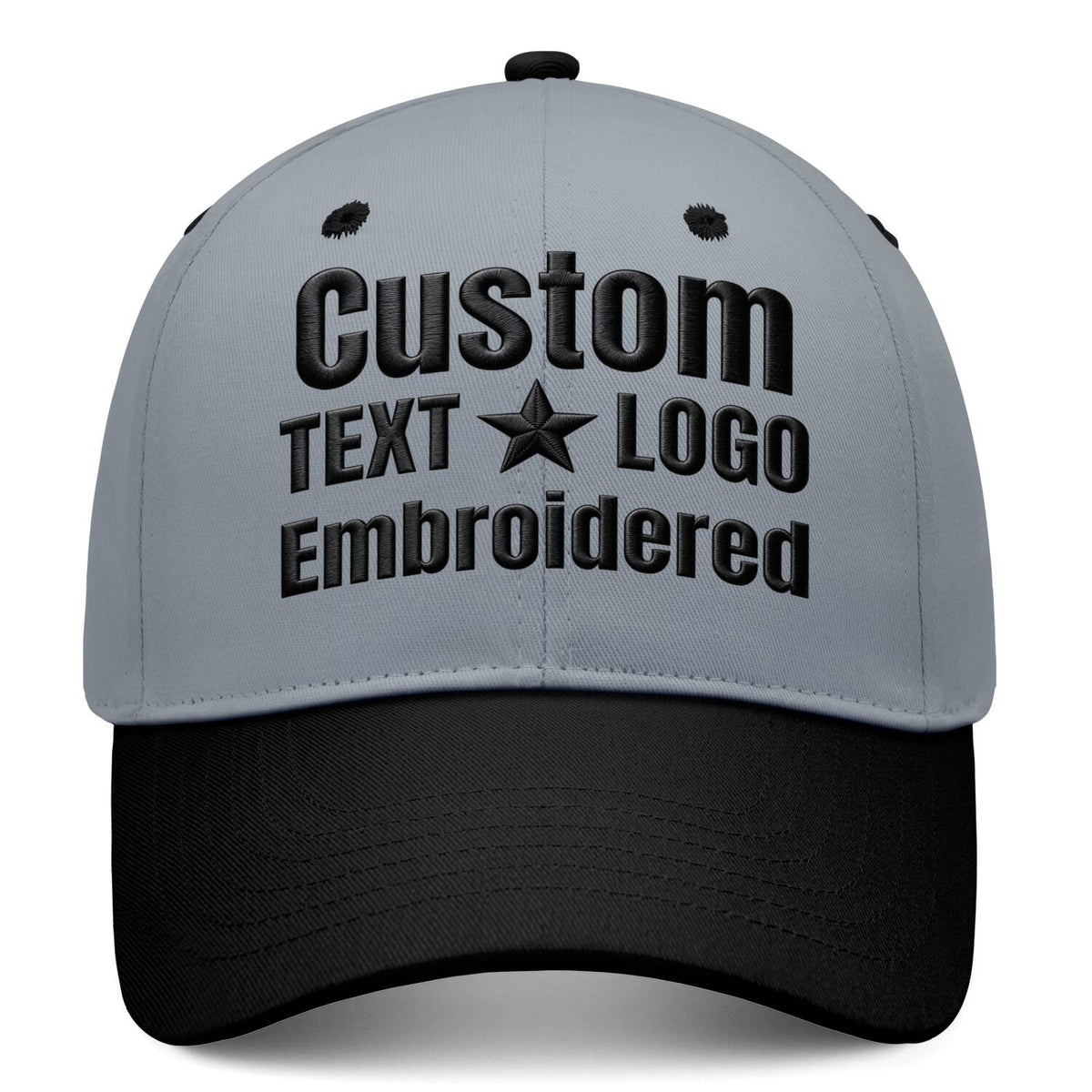Custom Embroidered or Printed Grey & Black Deep Brim Baseball Cap | Personalized Sport Hat
