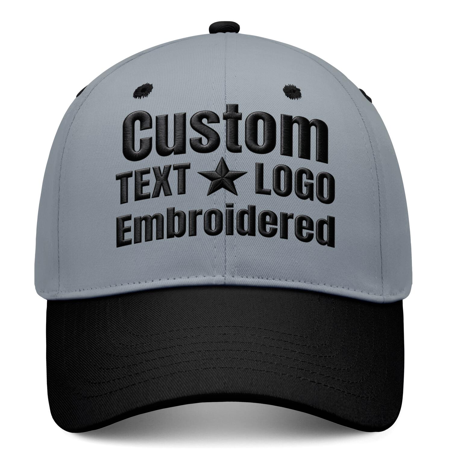 Custom Embroidered or Printed Grey & Black Deep Brim Baseball Cap | Personalized Sport Hat