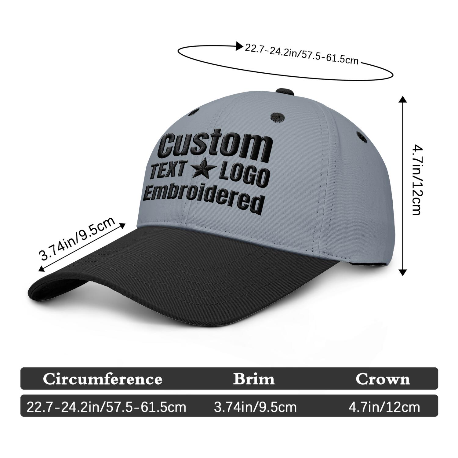 Custom Embroidered or Printed Grey & Black Deep Brim Baseball Cap | Personalized Sport Hat