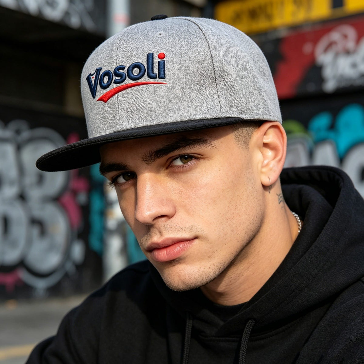 Custom Embroidered or Printed Heather Grey & Black Color-Block Flat Brim Cap