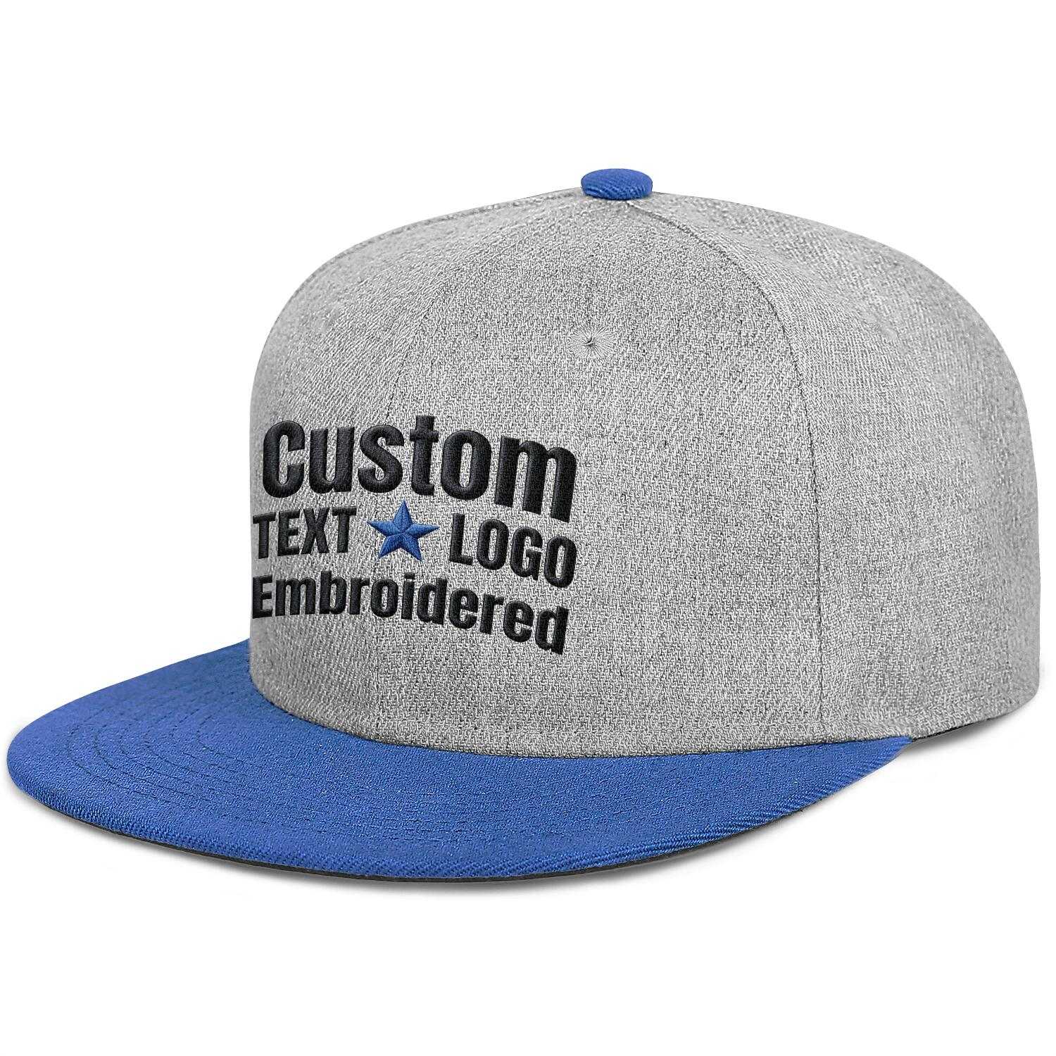Custom embroidered or printed heather grey &  blue color-block flat brim cap by Vosoli | Personalized text & logo | Structured fit